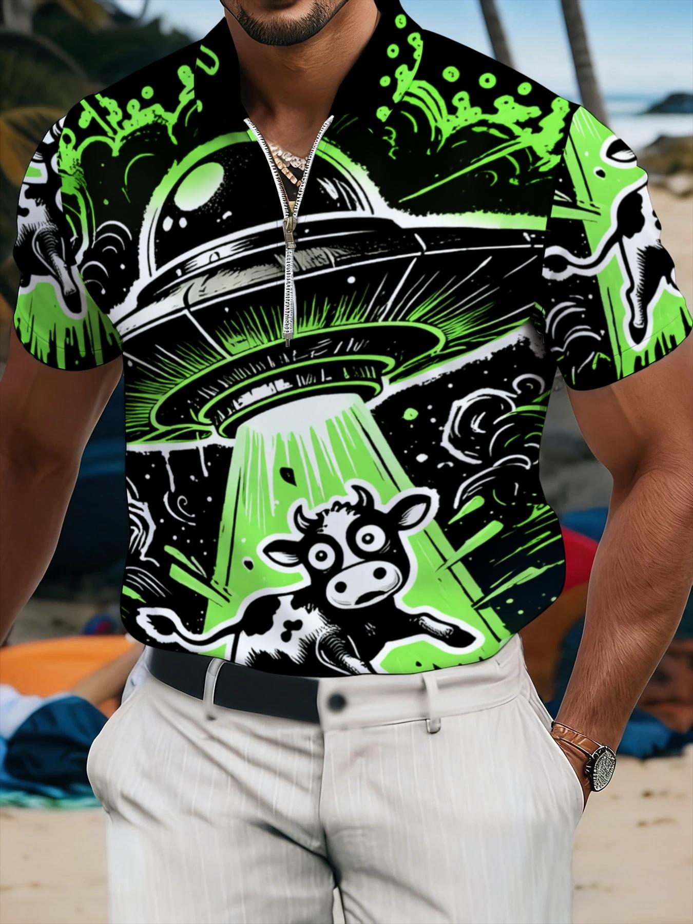 Men's Blue Geometric Pattern Short Sleeve Polo Shirt, Fashion Casual Zip Neck Top, Summer Trendy Clothing