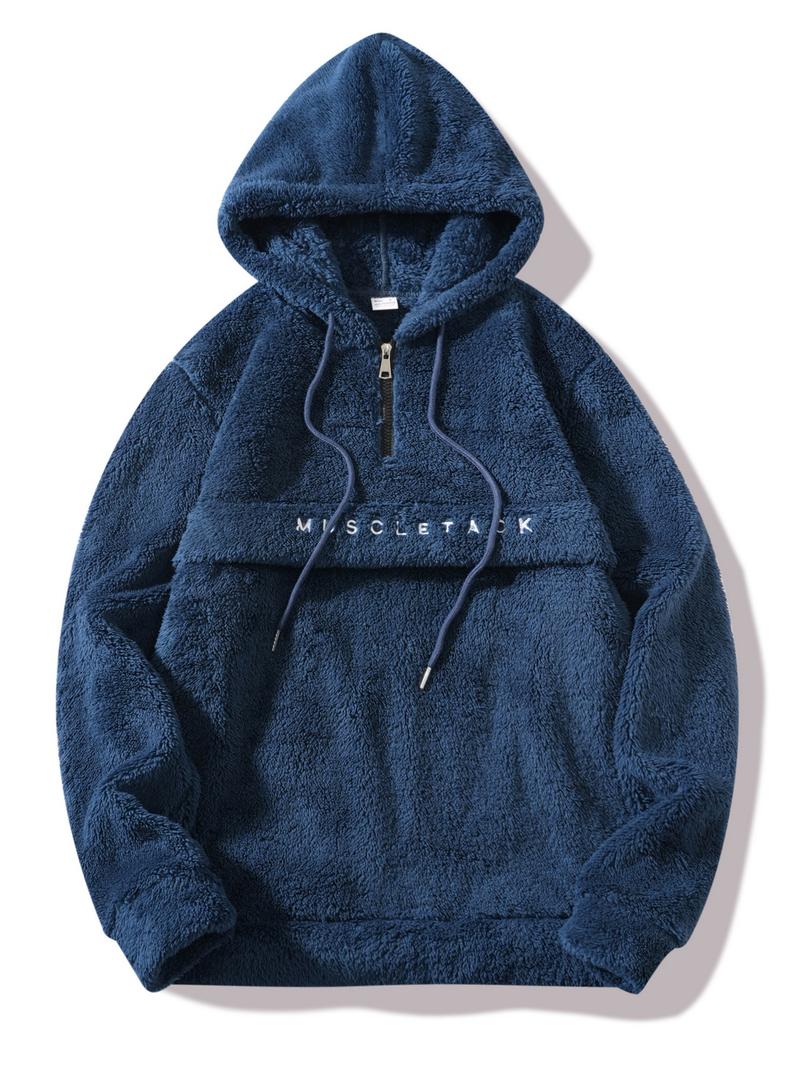 Men's Fall Winter Outfits Fleece Hoodie with Embroidered Letter Front for Daliy Wear, Old Money Style Half-Zip Pullover, Drawstring Hat, Casual Trendy Sweatshirt，Essential for Man's Wardrobe.