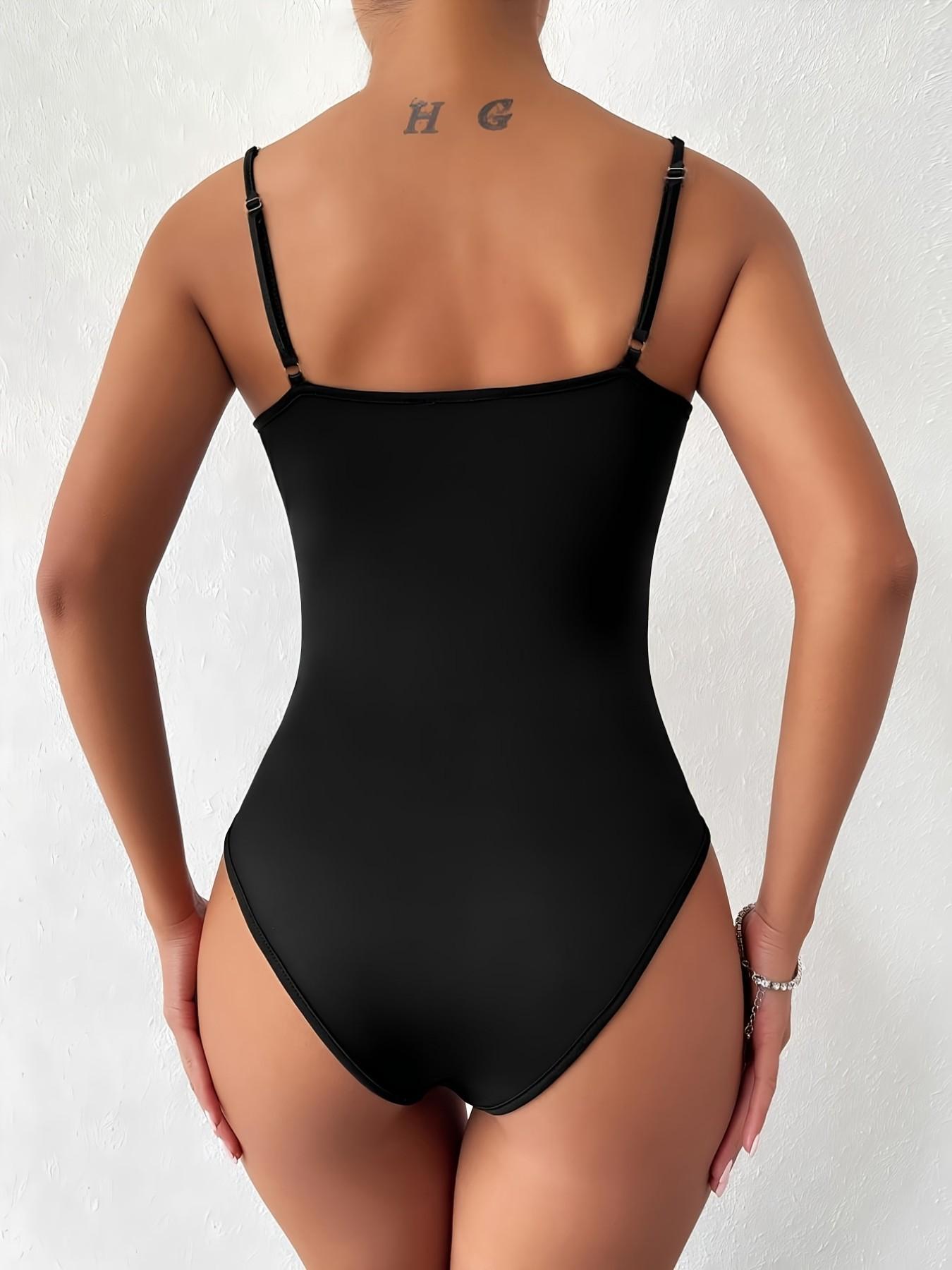 Trendy Y2K Baddie Adjustable Rhinestone Strap Black Bodysuit, Women's Sculpting Body-hugging Scoop Neck One Piece Top, Glam Crystal Spaghetti Strap Leotard, Sexy Night Out Clubwear Party Outfit, Viral TikTok Fashion Aesthetic Must-Have