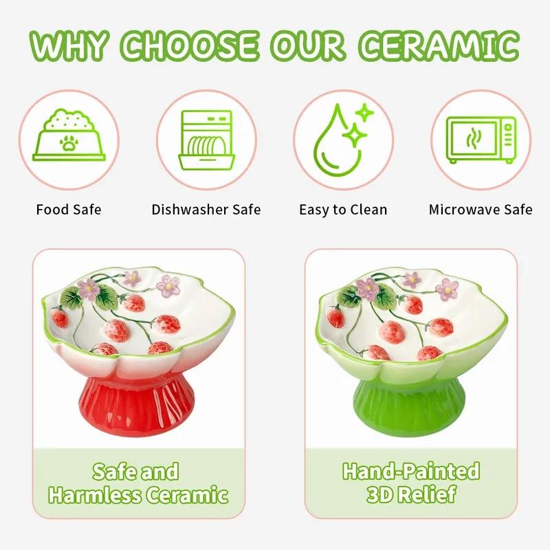 Ceramic Slow Feeder Cat Bowl, Elevated Pet Food Bowl for Cats & Small Dogs, Non-Slip Base, Strawberries Country-Style Design