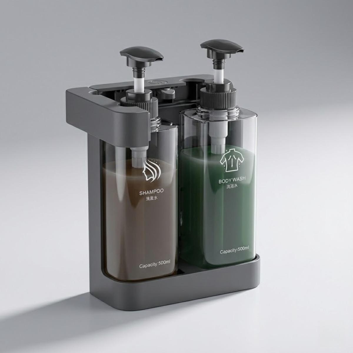 No-Drill Shampoo Dispenser Set, Wall Mounted Conditioner and Body Wash Storage Bottles, Multi-Chamber Push Pump Design, 500ml Large Capacity Refillable Shower Soap Dispenser for Bathroom, Hotel, Apartment and Dorm