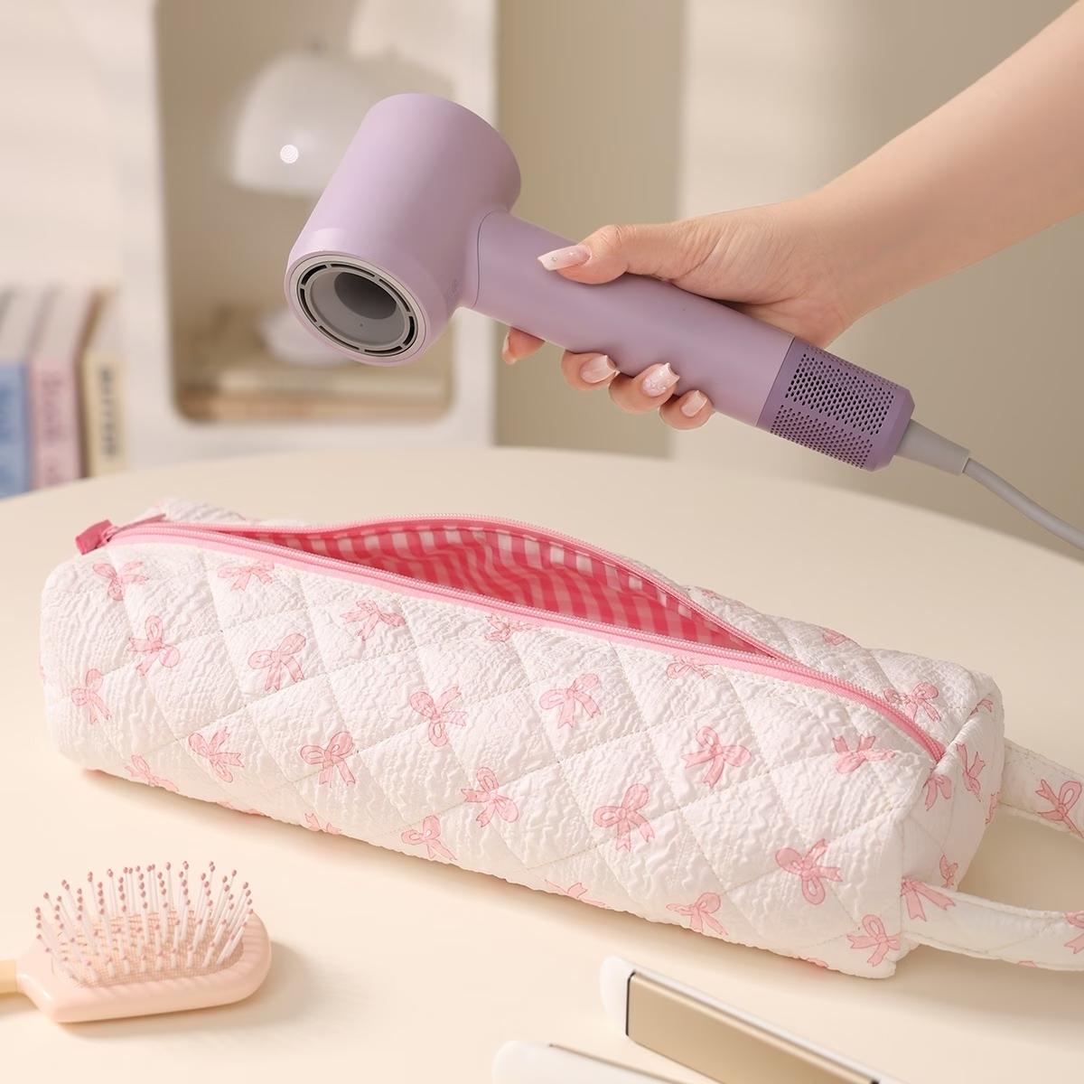 Hair Tool Organizer Bag with Zipper Closure & Bow Design, Dustproof Storage for Hair Dryer, Curling Iron, Straightener, Travel, Gym, Salon, Home