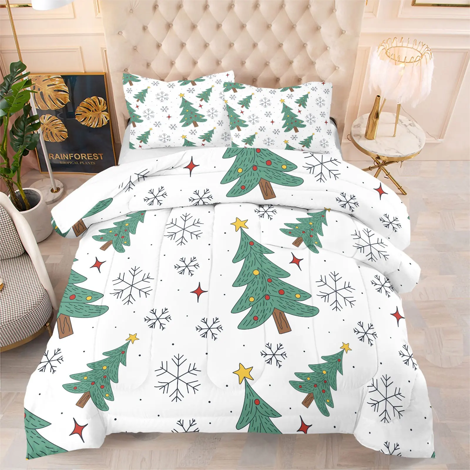 3 Piece Watercolor Christmas Deer Sleigh All Over Print Comforter Set, 1 Comforter + 2 Pillowcases, For Fresh Style Holiday Room Decor, Gift for Christmas Aesthetic Enthusiasts, Soft Warm Fluffy And Easy to Care Comforter
