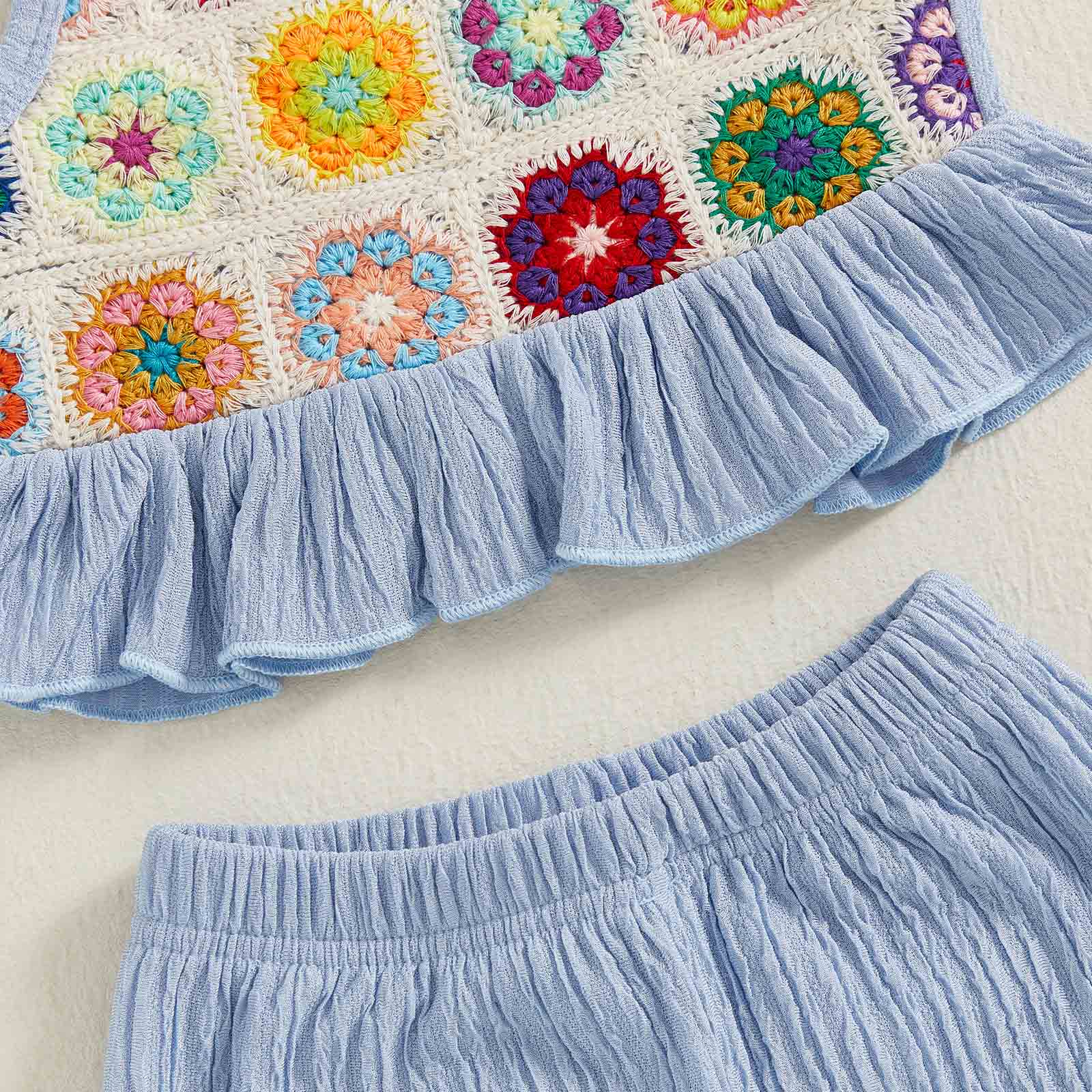 Toddler Girls Two Piece Outfits Crocheted Flowers Fruit Ruffled Camisole Tops Elastic Waist Long Pants Baby Children Summer Clothes #Summervibes