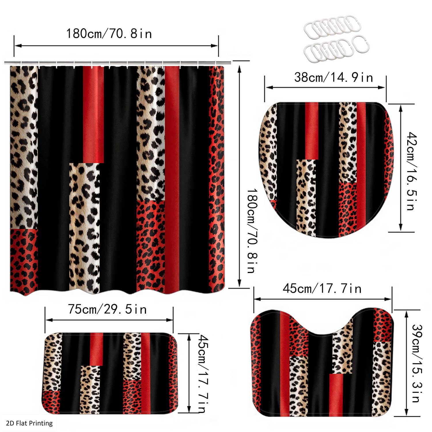 1/4PCS LEOPARD PRINTED IN RED AND BLACK Shower Curtain Set with Rugs, Non Slip Bath Mat, U-Shape Carpet, Toilet Lid Cover, Bathtub Curtain Accessories, 12 Hooks, Home Bathroom Festival Decor