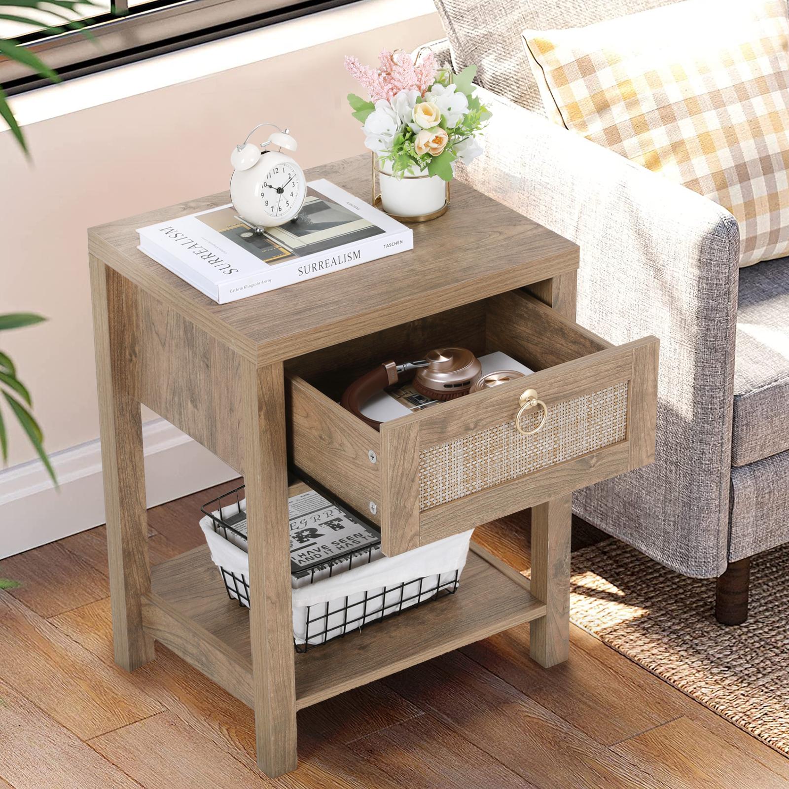 VOWNER Handmade Rattan Nightstand Set of 2, Mid Century Bedside Table with Storage Drawer and Open Shelf, Night Stand for Bedroom