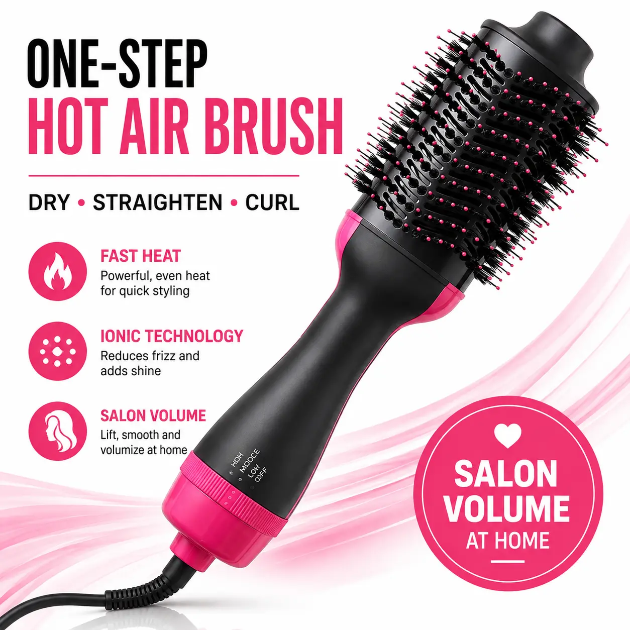 Professional One-Step Hair Dryer Brush with Ionic Hot Air Technology, Fast-Heating Blow Dryer, Volumizing Styler and Hair Straightening Comb for Smooth Drying, Straightening, Curling and Salon-Style Volume at Home