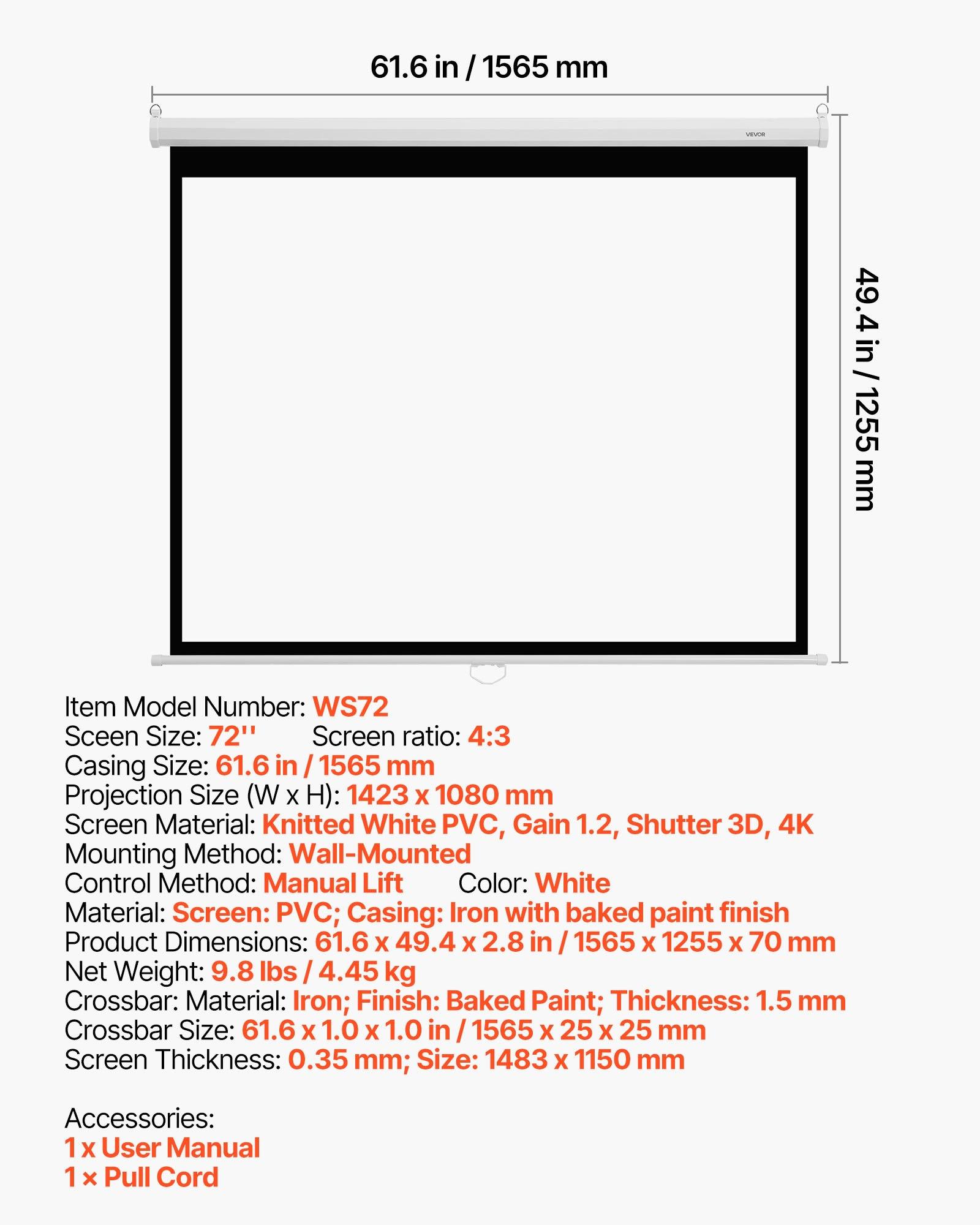 VEVOR Manual Projector Screen, 72 inch 4: 3 4K 1080 HD Retractable Pull Down Projector Screen, Wall Mounted Movie Projection with Pull Rope, Portable Display Projectoin for Family Home Office Theater, Iron, 3D