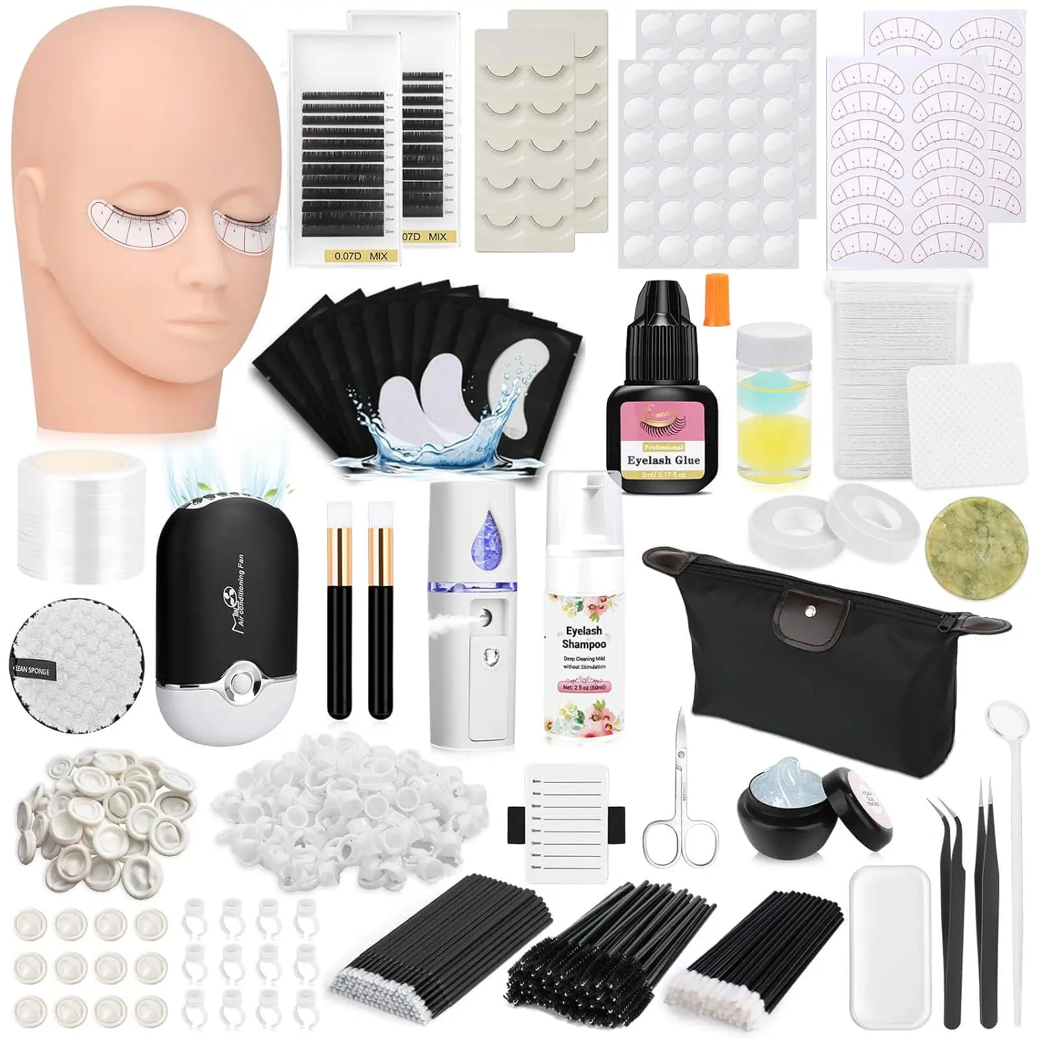 Lash Kits Extensions Kit for Beginners, Eyelash Lash Extension Kit for Beginners with Lash Mannequin Head, Lash Extension Practice Kit Starter Kit with Everything USB Fan, Lash Glue, Shampoo