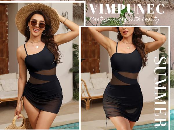 VIMPUNEC Women Sexy One Piece Swim Dress Tummy Control Swimsuits One Shoulder Mesh Bathing Suit Skirts