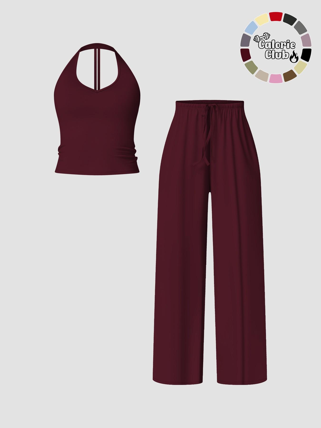Women's Quick-Dry Sports Tank Top, Casual High-Waisted Bell Bottoms, Comfortable Sporty, All-Season Plain Style, Casual Sportswear Set, Casual Sportswear Outfit