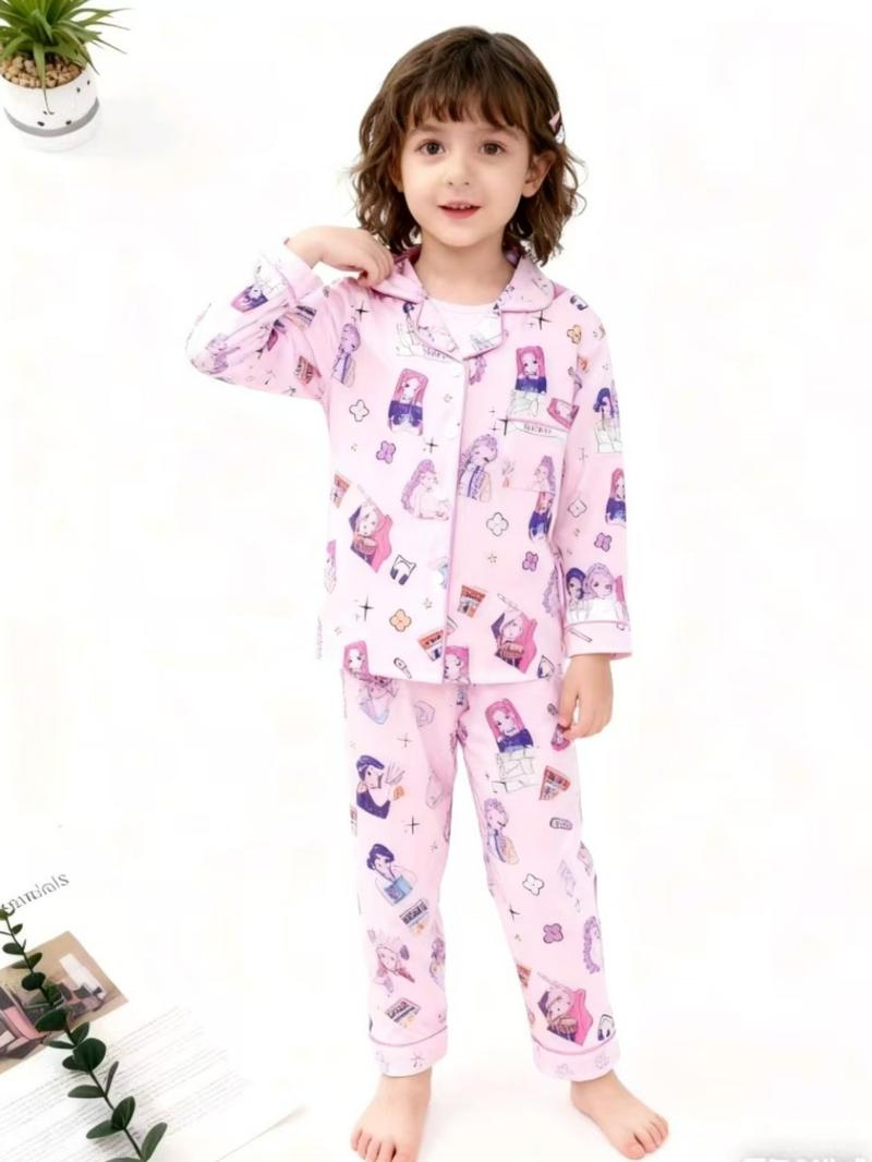 K-Pop Demon Hunter Kids Parent-Child Pajama Set, Cartoon Print Hooded Short Sleeve Top & Elastic Waist Long Pants, Comfortable Home Wear