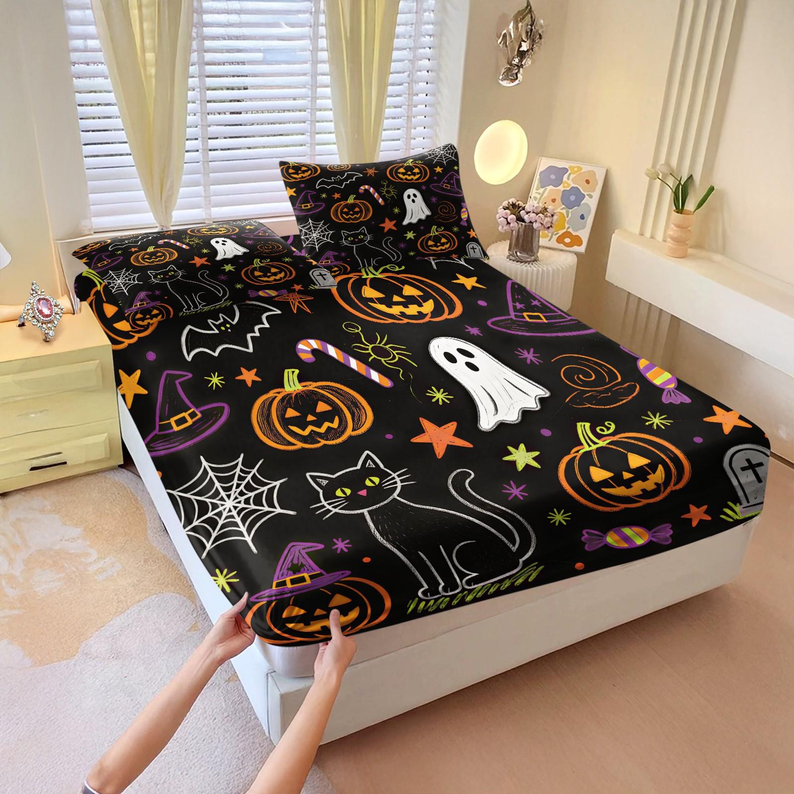 3Pcs Watercolor Halloween Pumpkin Ghost HD Digital Print Fitted Sheet Set, Washable Hypoallergenic Deep Pocket Mattress Cover For Edgy Girls All Season Dark Style Bedroom Decor, Polyester Bedding Set, Bed Sets Supplies