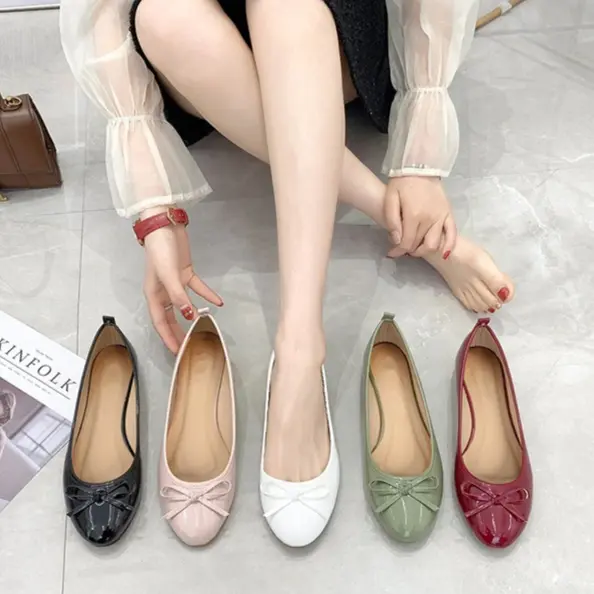 Women's Patent Leather Round Toe Ballet Flats - Chic Bow Slip-Ons, Comfortable Multi-Color Shiny Shoes for Office Work, Casual Wear