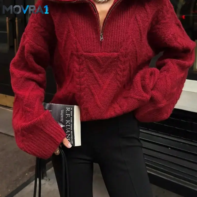MOVRA1 Vintage Lazy Half-Zip Collared Knit Sweater Women, Cropped Loose Fit Solid Color Long Sleeve Top with Twisted.Soft Warm Pullover Knitwear, Autumn & Winter, Casual Knit Shirt Daily Commute, Shopping, Casual Fall Pullover