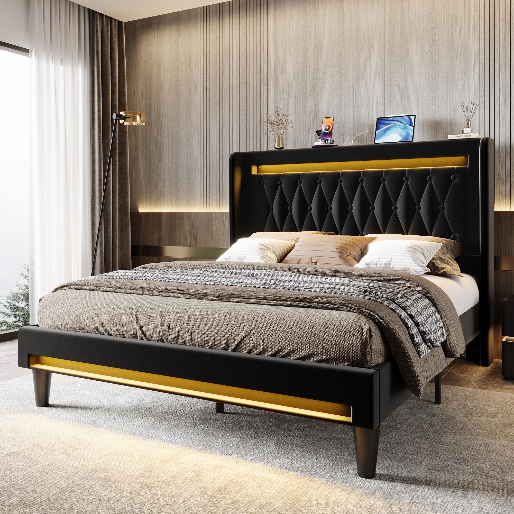 HOOMIC Upholstered Platform Bed Frame【Frame Only No Mattress】with High Wingback Headboard,Dual LED Light Strips,Dutch Velvet Diamond Tufting,Full/Queen/King,Black/White/Grey,No Box Spring Needed