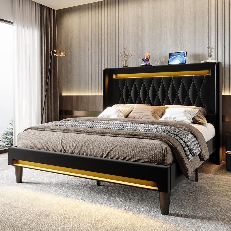 HOOMIC Upholstered Platform Bed Frame【Frame Only No Mattress】with High Wingback Headboard,Dual LED Light Strips,Dutch Velvet Diamond Tufting,Full/Queen/King,Black/White/Grey,No Box Spring Needed