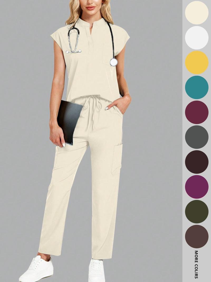 Cimmuovere Women's Solid Notched Neck Batwing Sleeve Top & Drawstring Waist Pants Two-Piece Scrub Set, Casual Cap Sleeve Top & Pocket Trousers for Summer, Vital Scrub Top, Women's Uniforms for Work, Medical Scrub Sets Cimmuovere Women's Solid Notched Neck Batwing Sleeve Top & Drawstring Waist Pants Two-Piece Scrub Set, Casual Cap Sleeve Top & Pocket Trousers for Summer, Vital Scrub Top, Women's Uniforms for Work, Medical Scrub Sets