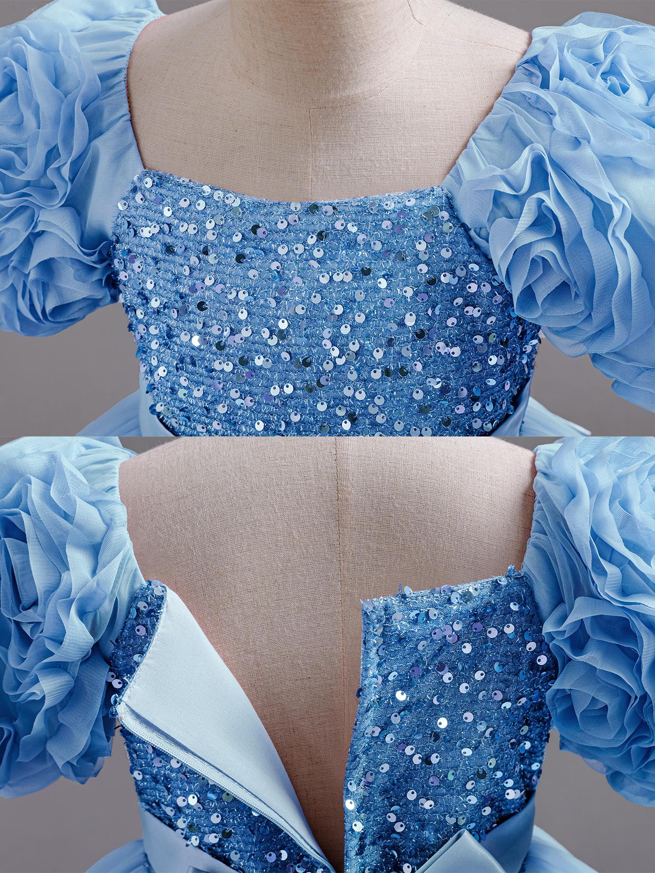 Girls Short Sleeve Party Dress Floral Embroidery Puffy Tulle Bow Flower Girl Princess Gown