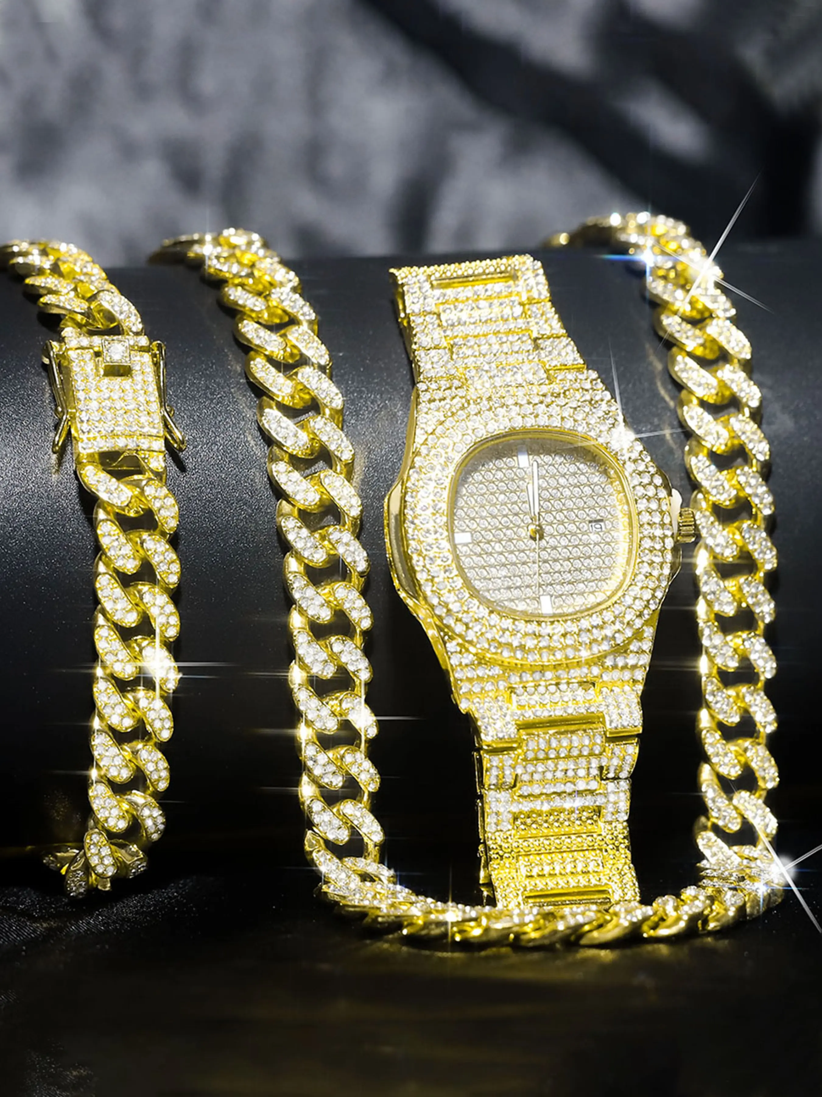 Full Diamond Watch Necklace Bracelet Set, Hip Hop Cuban Chain Rhinestone Watch Set, Unisex Gift for Daily Wear and Sports Accessories