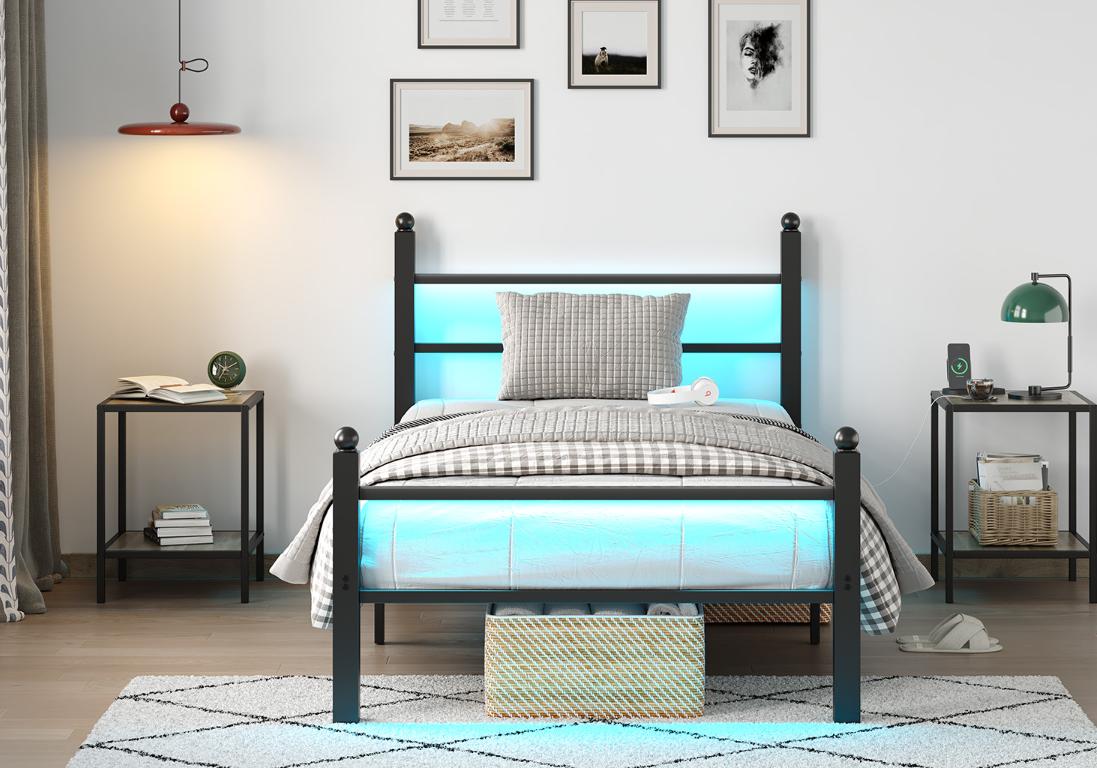 CollaredEagle Twin/Full Bed Frame with Headboard and Footboard,Steel Slats Support-LED Bed Frame with USB Charging Station,Mattress Foundation-Under Bed Storage,No Box Spring Needed,Noise Free.