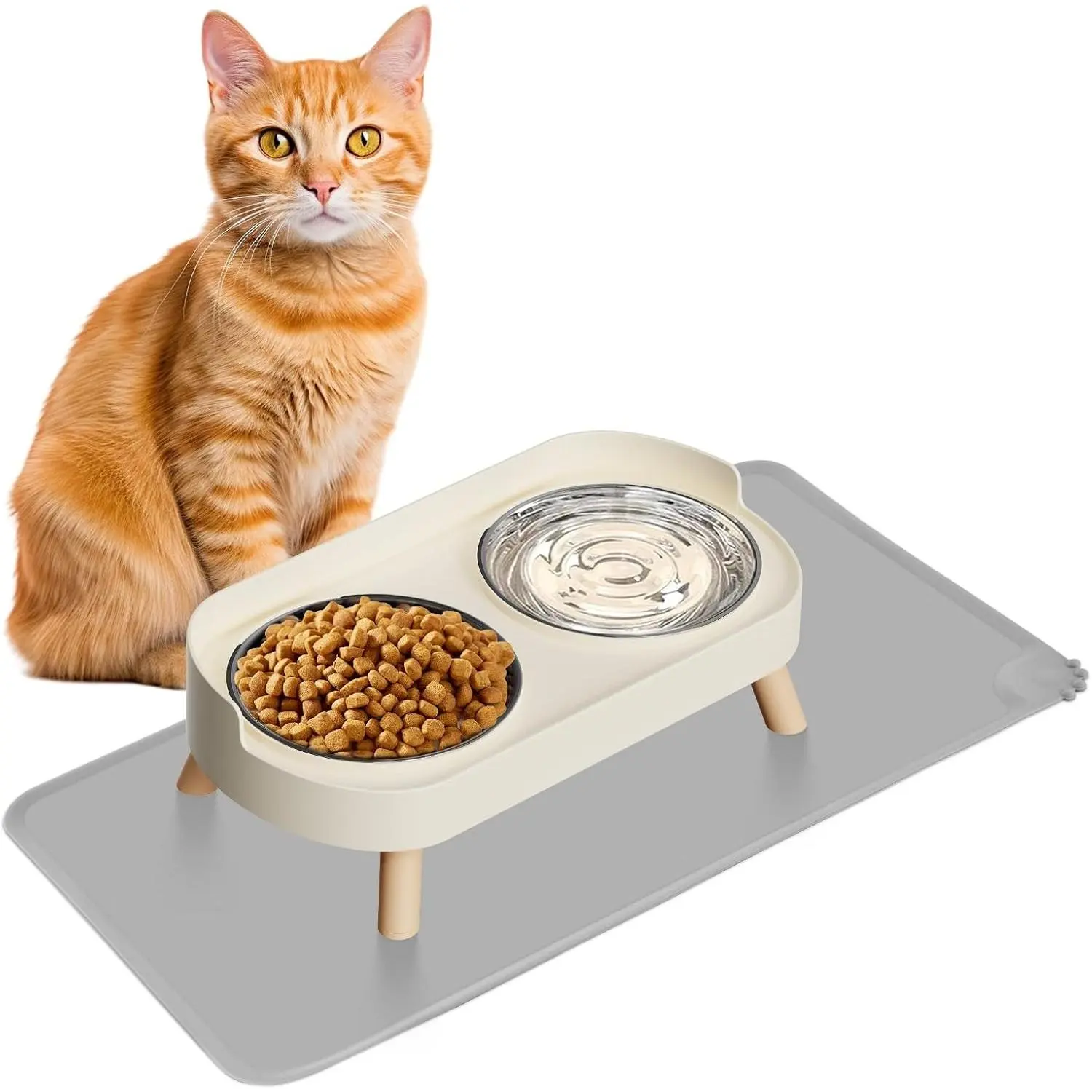 Elevated Cat Bowl with Food Mat, Raised Cat Food and Water Bowl Set for Indoor Cats, Splash Proof 2 Stainless Steel Pet Bowls for Cats and Puppies, Relieves Whisker Fatigue, Dishwasher Safe (White)
