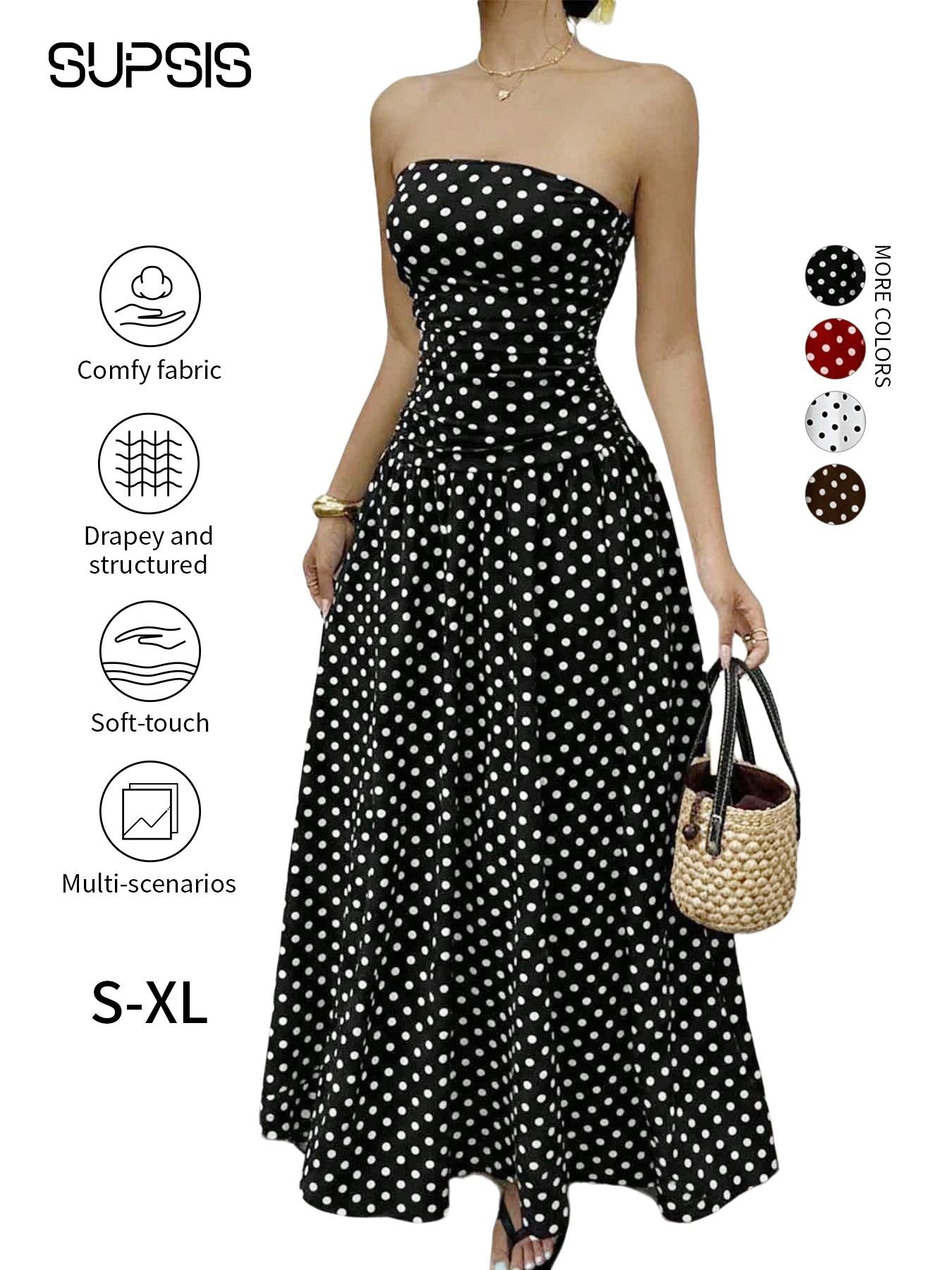 Women's Polka Dot Strapless Dress, Elegant Sleeveless Swing Flowy Maxi Dress, Spring & Summer Fitted Knit A-Type Dress