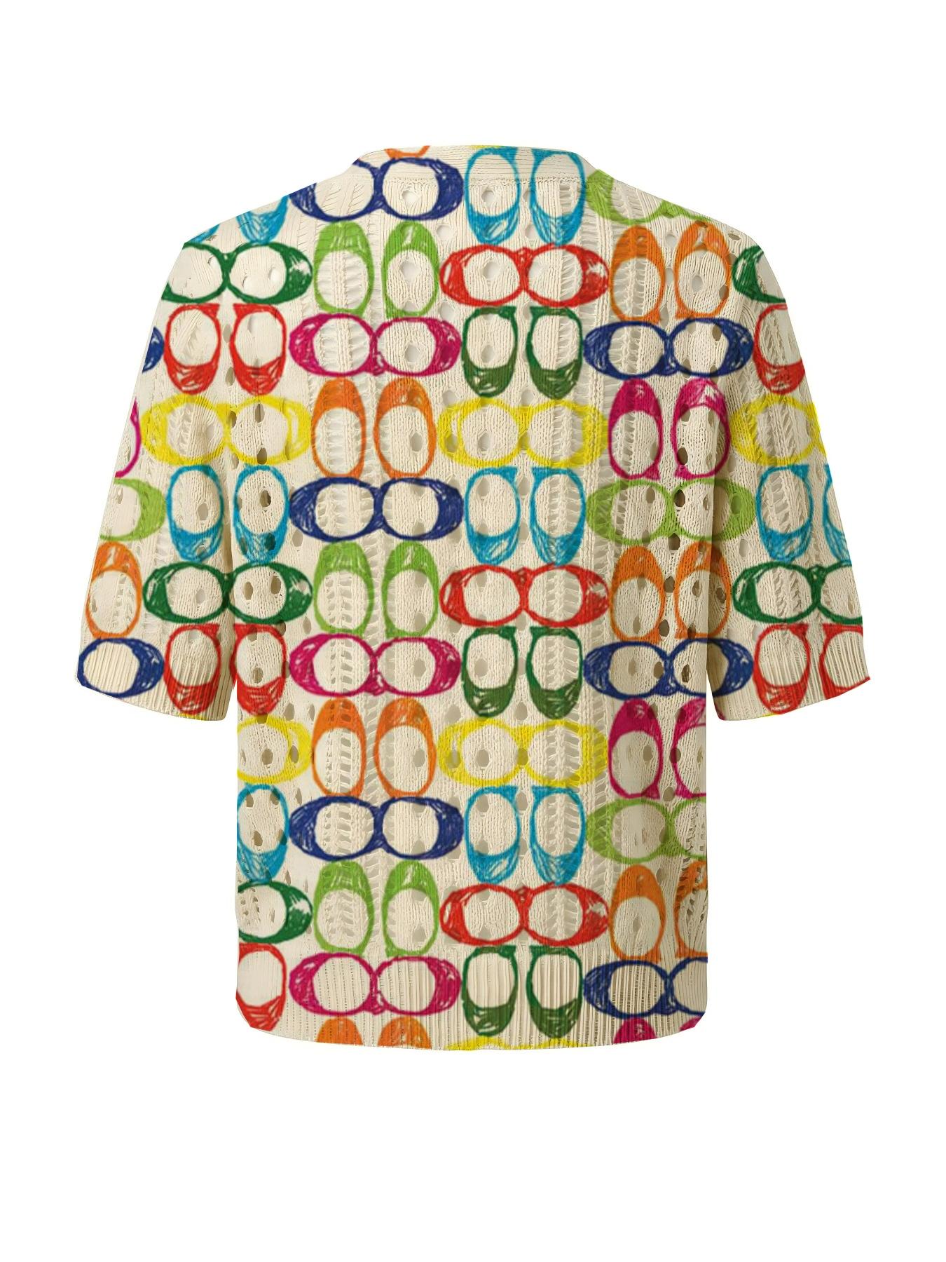Elegant Women's Vibrant Colorblock Geometric Print Short Sleeve Knit Cardigan Button, Casual Breathable Top, Hollow Out Design, Beach Vacation Wear