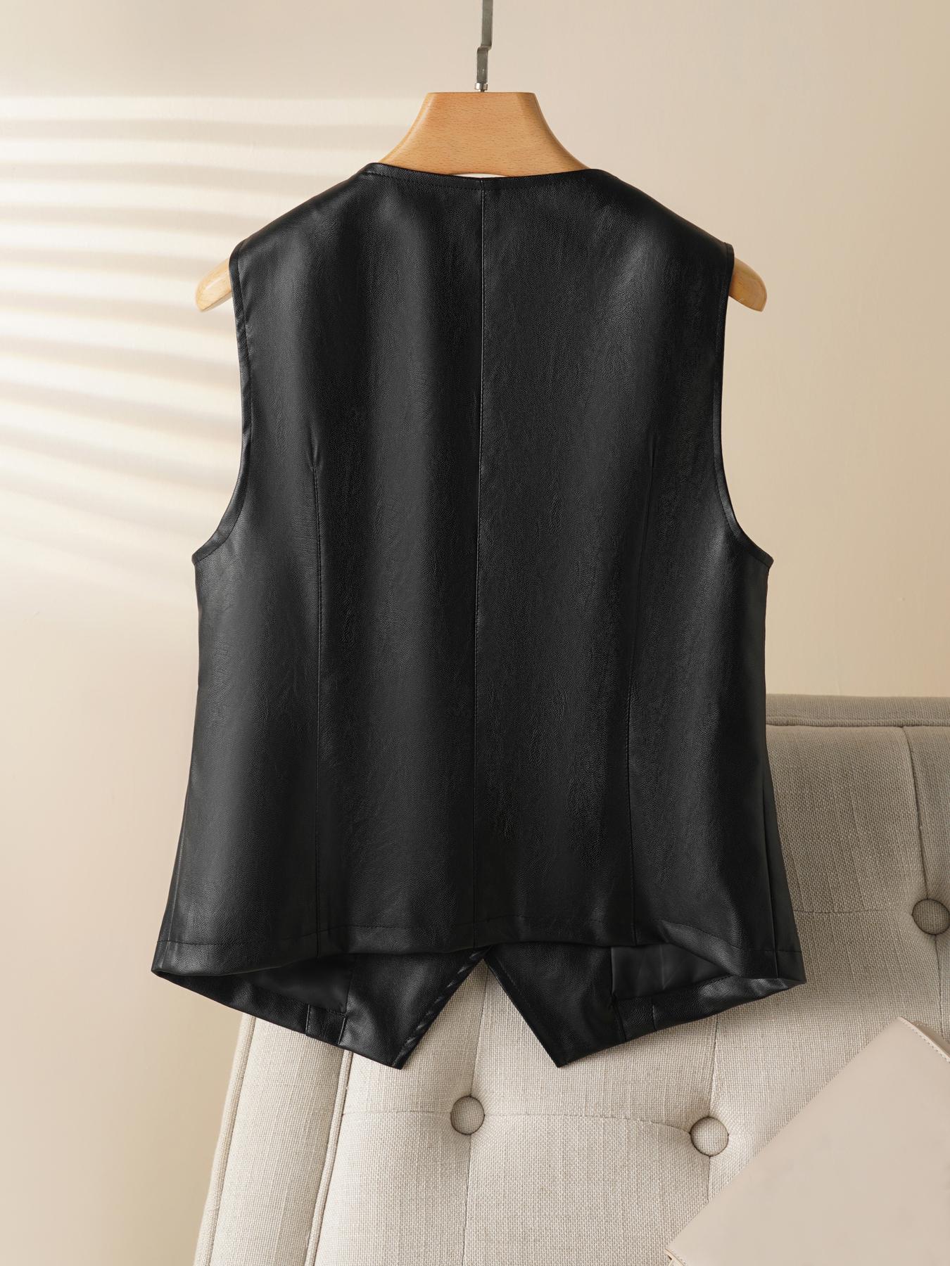 Women's PU Leather Vest Top, Single Button Front, Sleeveless V Neck, Casual Fitted Style, Spring & Fall Fashion, Moderate Fabric Thickness, Casual Comfy Vests