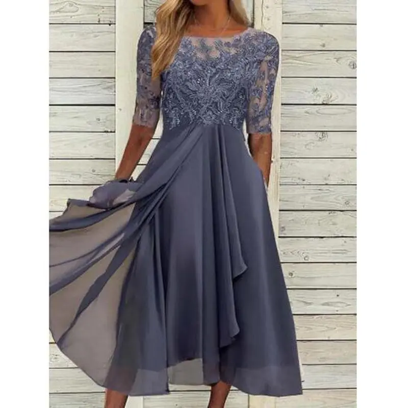 2026 Dress Chiffon Spliced Lace Hollow Long Dress Bridesmaid Evening Dress Women's Clothing