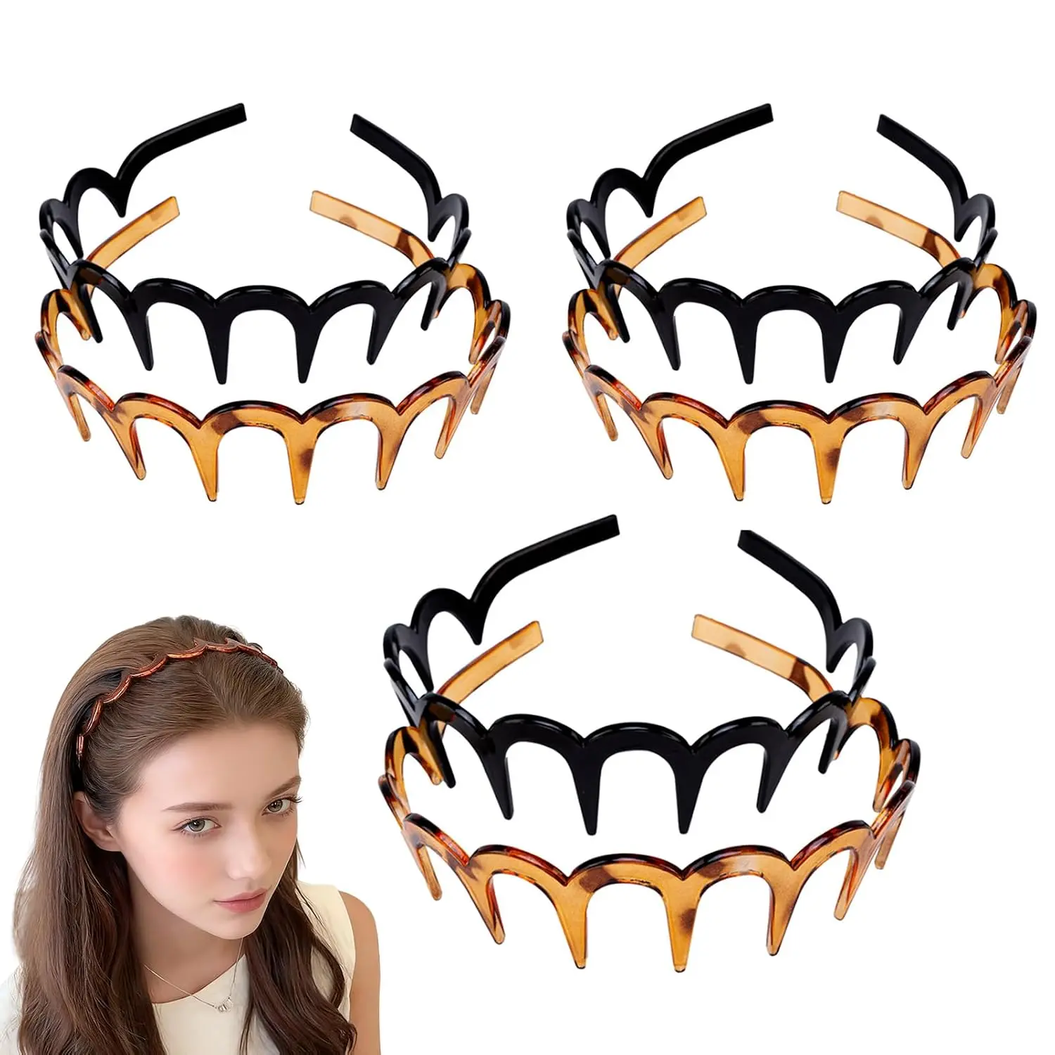 6 count U Shape Fashion  Hair Comb Headband,High Cranium Headbands for Women's Hair, Reversible Korean Headbands with  ﻿ (Mix 6 count, M)