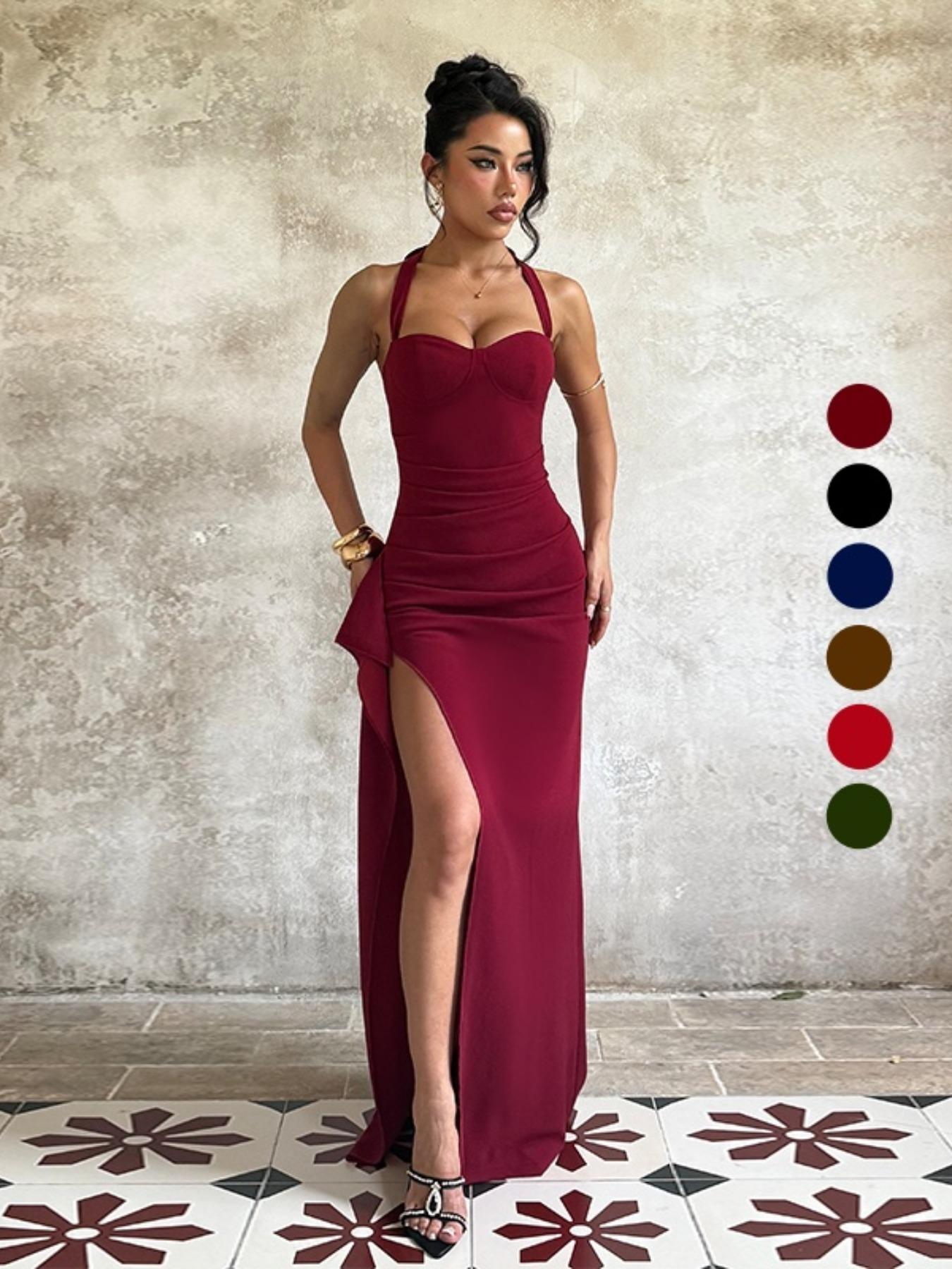 Backless Strapless Plain Slim Fit Slit Dress, Sexy All Season Women's Clothing, Perfect for Casual & Daily Wear