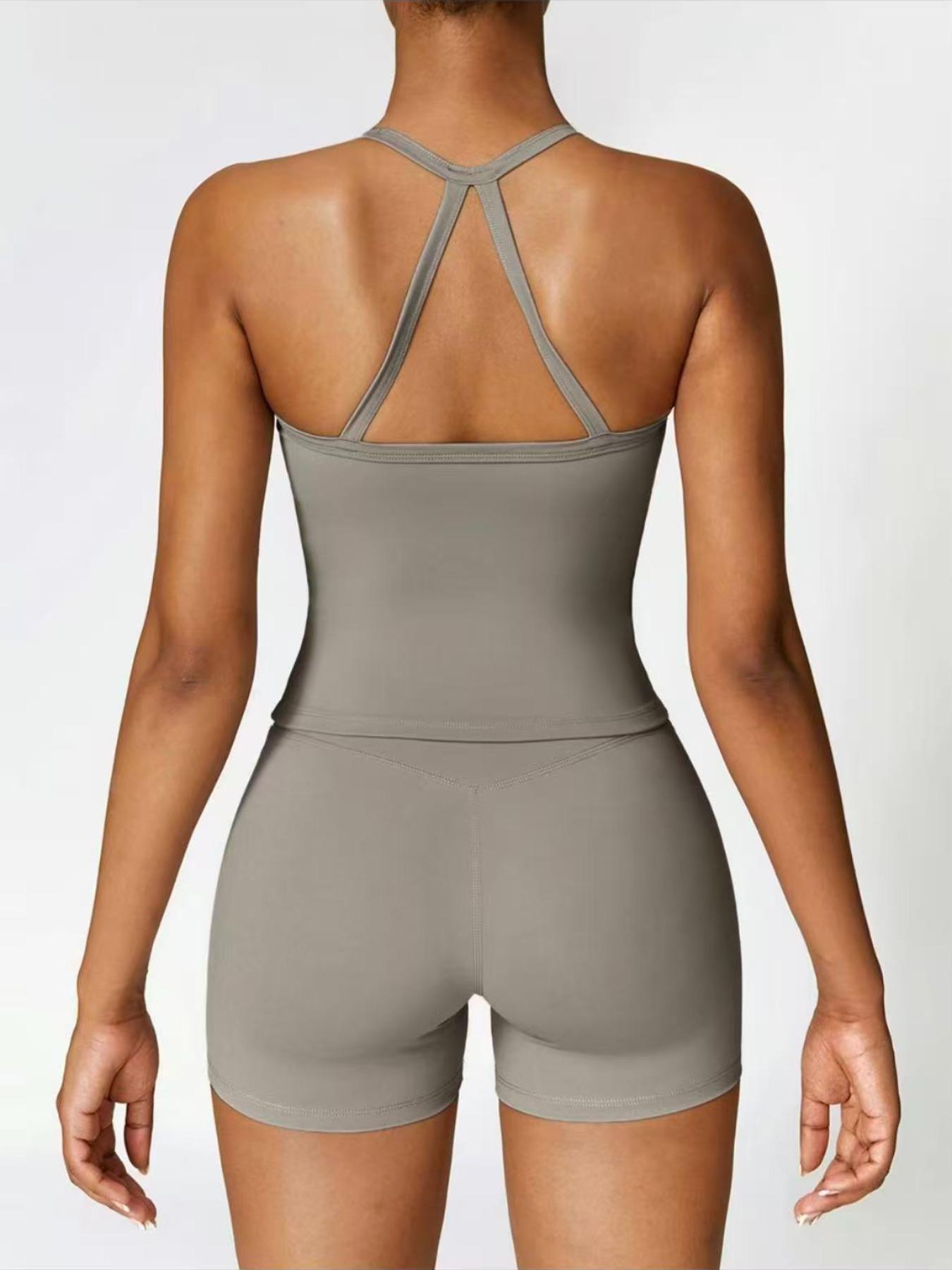 Women's Quick-Dry Two-piece Set, Active Sets, Sculpting Workout Outfit, Solid Backless Cami Top & High Waist Tummy Control Butt-Lifting Shorts, Ladies Sportswear for Indoor Outdoor Wear, Yoga Gym Running Wear, Activewear Yoga Fitness