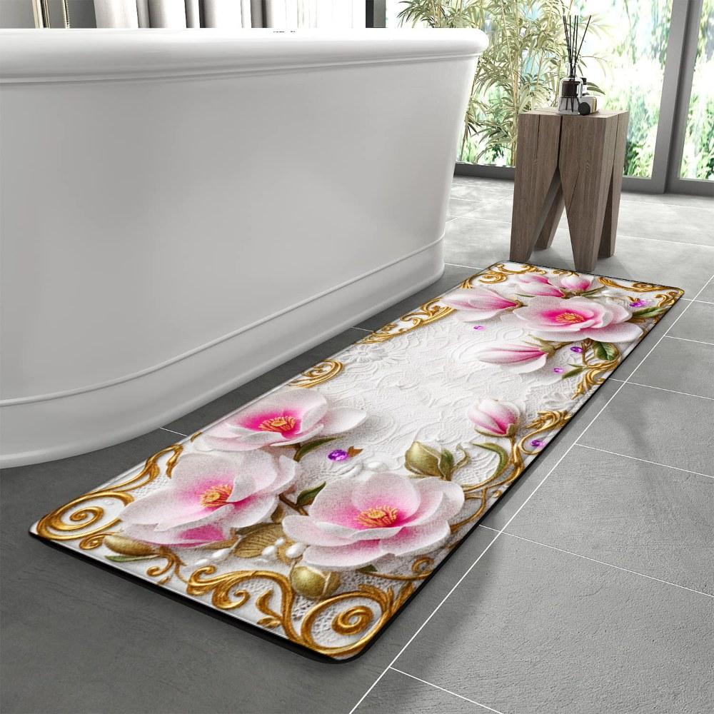 1PC， Pink and White Magnolia Flowers with Gold Ornaments Patterned strip rugs, home décor, bathroom mats, entryway mats, bathroom non-slip mats, indoor entrance rugs, bedroom bedside mats, kitchen mats, hallway rugs, flannel sponge rugs