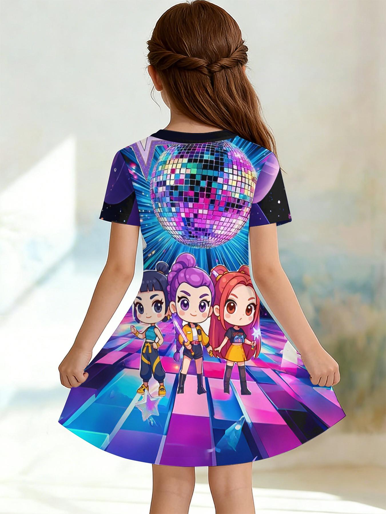 Girls' 3D Short Sleeve Dress, Disco Stage Q Idol Full Print Summer Dress, Perfect for Parties, Festivals, Gifts, Birthday Presents