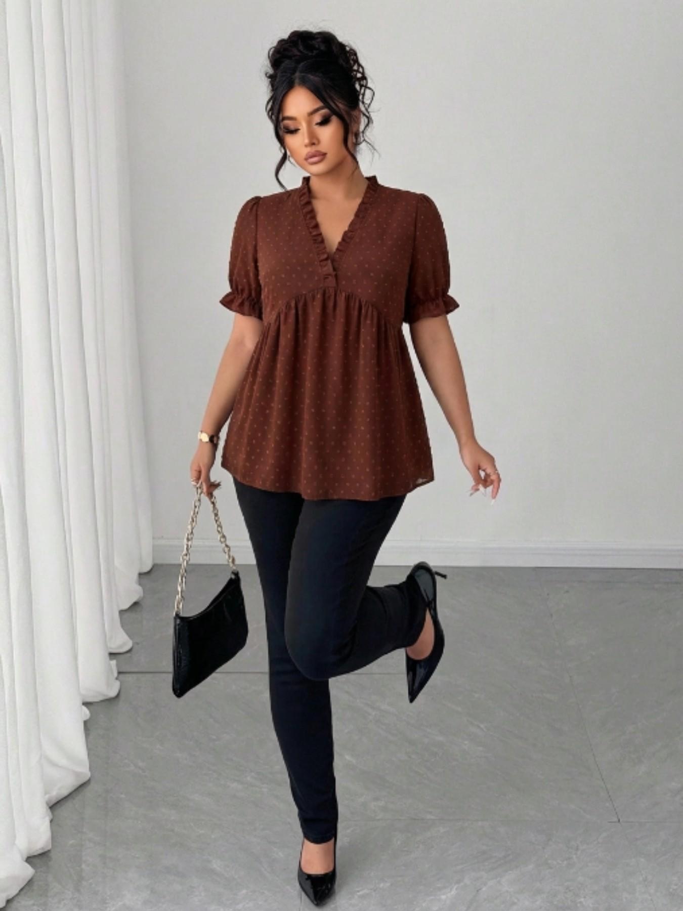 Plus Size Women's V Neck Ruffle Babydoll Shirt, Loose Fit Summer Blouse, Fashionable Comfortable Design, Ideal for Daily Wear, Perfect for Casual Occasions