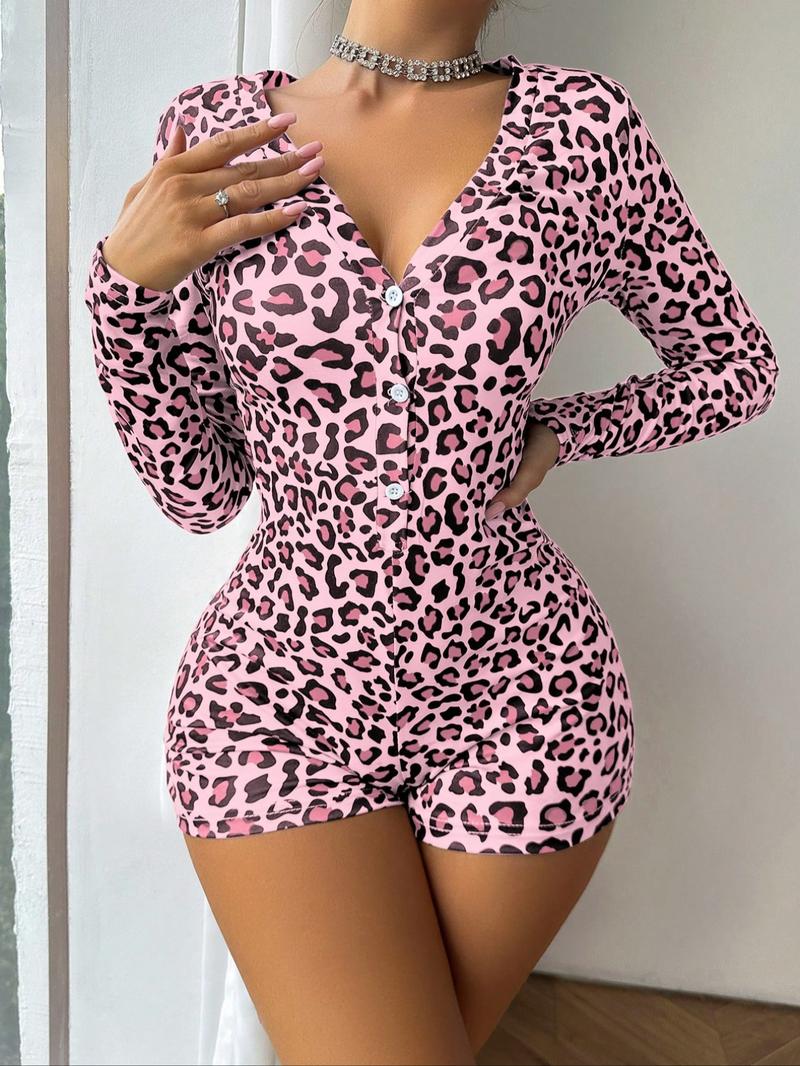 Women's Cozy Long Sleeve Buttoned Pajama Romper, All over Print One Piece Loungewear Bodysuit, Comfortable Sleepwear for Women