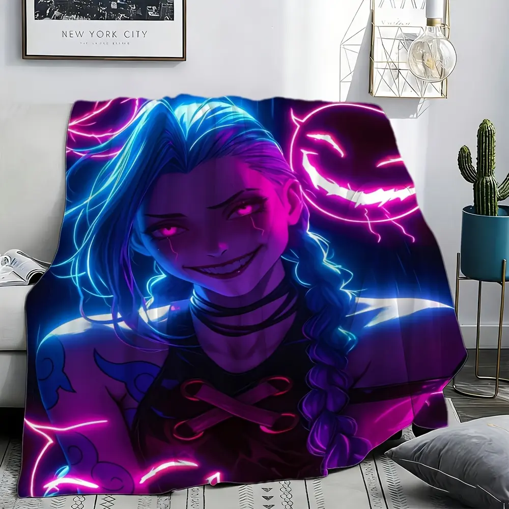 Cyber Neon Light Jinx Blanket Twin Braids Crazy Girl Game Character Flannel Throw Blanket Lightweight Nap Rug Youth Gamer Gift Home Decoration
