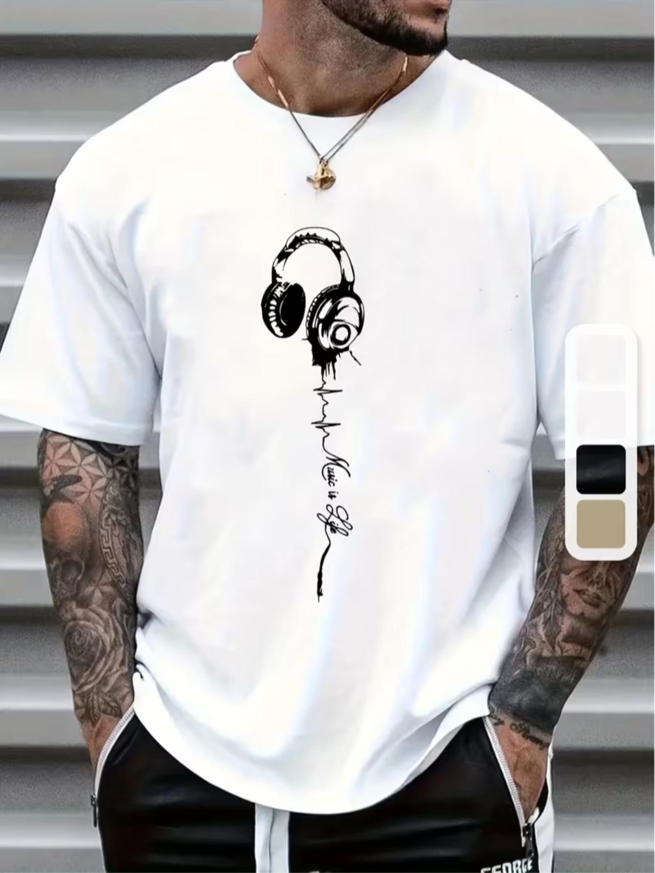 Men's Graphic Print Short Sleeve T-Shirt, Casual Fitted Top for All Seasons, Trendy Music Earphone Design, Fashionable Streetwear