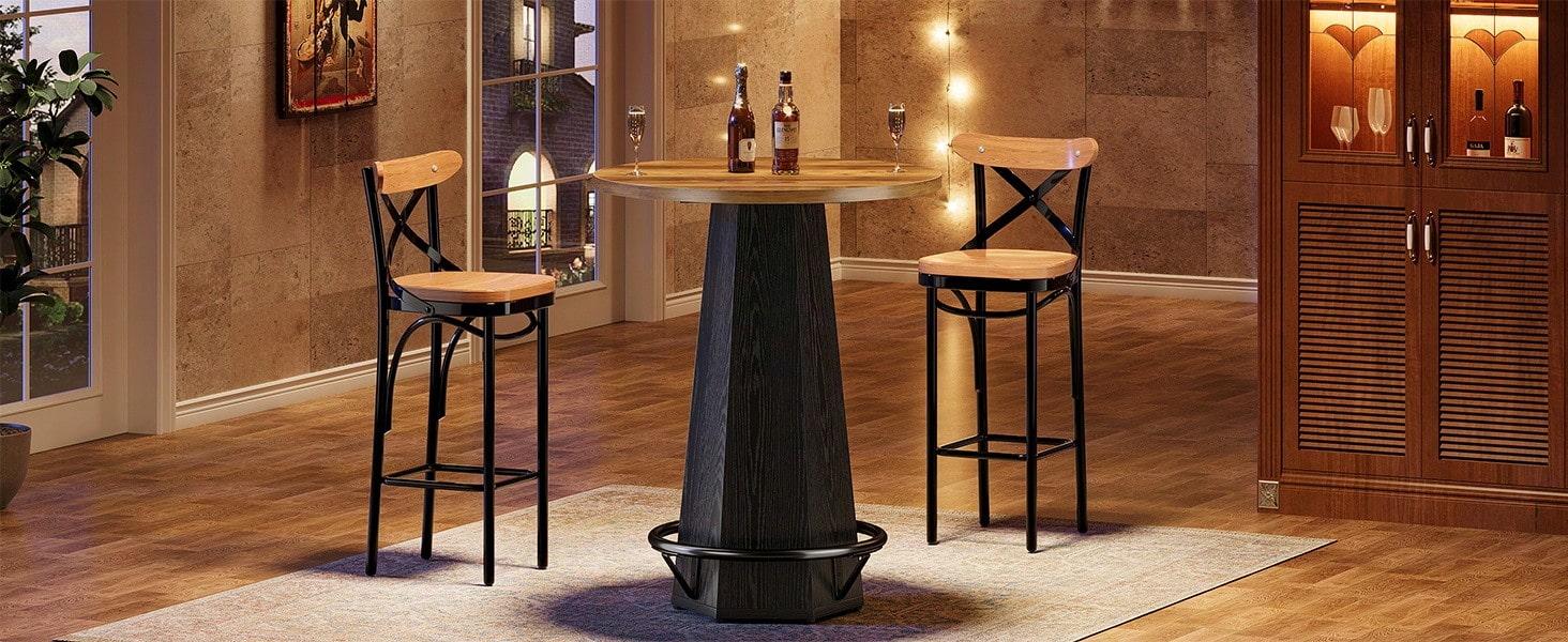 Round Counter Height Bar Table 31.5 Inch, Bistro Pub Table with Footrest, Brown & Black Small Space Table, Perfect for Kitchen Home Bar Cafe Studio Lounge Furniture