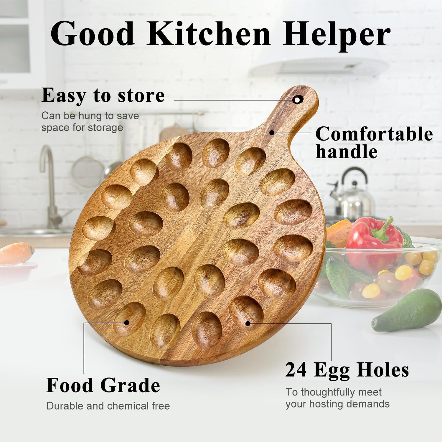 Deviled Egg Platter Wooden Deviled Egg Tray Reversible 24 Holes Round Egg Holder Container Charcuterie Board for Kitchen Countertops Serving Tray