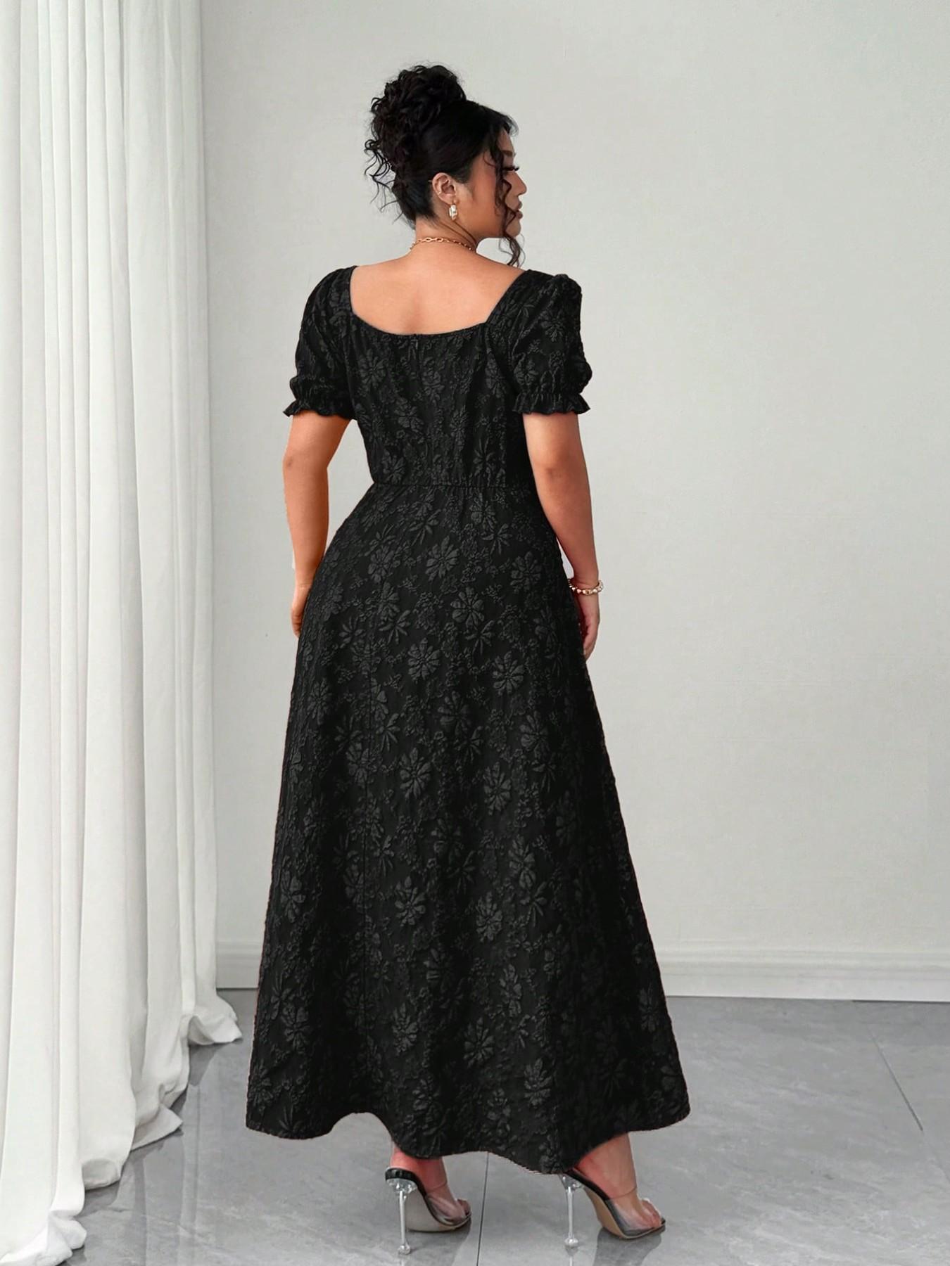 Plus Size Embroidered Square Neck Bubble Sleeve Belted A-Line Long Dress, Vintage Court Style, Elegant Women's Clothing