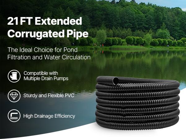 VEVOR 21 ft Corrugated Pond Tubing, 1 inch Inner Diameter, Flexible PVC Hose, Black Drain Pipe, Plastic Corrugated Water Tubing for Pond, Pump, Fountain, Garden, Swimming Pools, Filters, (1 pcs)