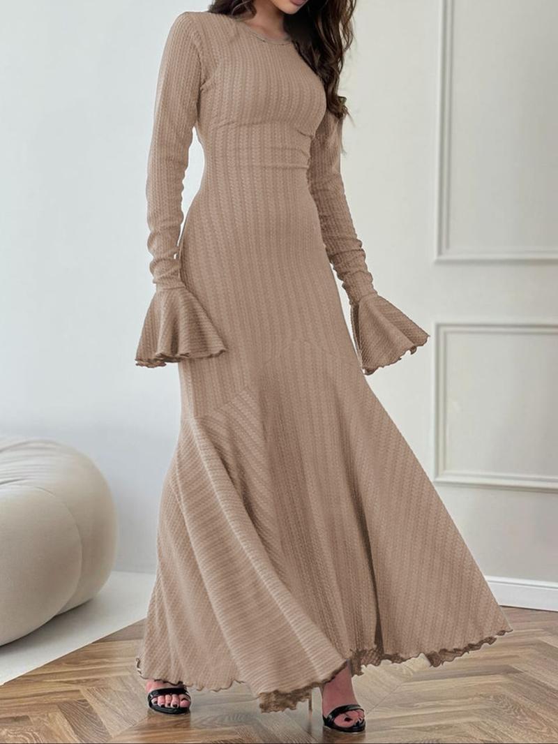 Elegant Knitted Long Sleeve Dress with Back Lace-Up, Slim-Fitting Casual Chic Fitted Fall Fashion, Plain Pattern, Women's Clothing