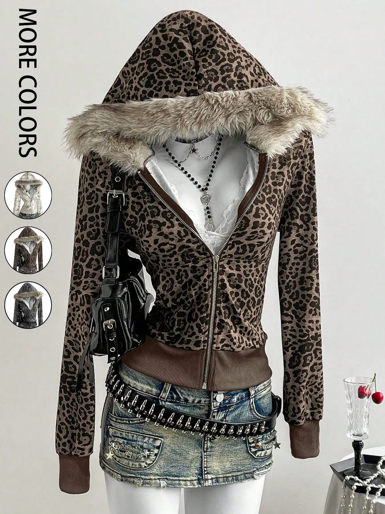 Women's Y2K Streetwear Vintage Leopard Print Hooded Faux Fur Lined Zipper Casual Sweatshirt, Fall Jacket Coat, Fashionable Outerwear