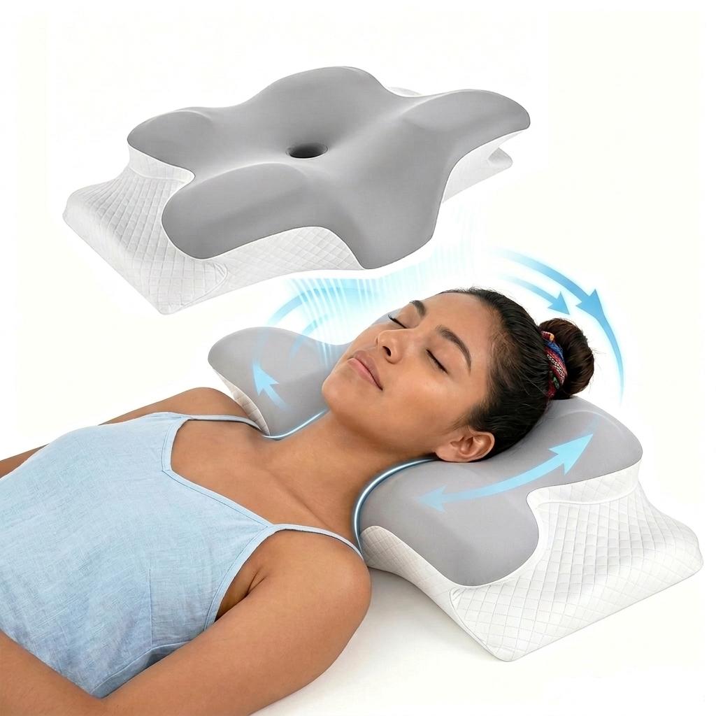 Ergonomic Bed Pillow with Cool Touch Cover, Contour Memory Foam Neck Support, Odor-Free Core, Ideal for Side, Back, Stomach Sleep, Contoured Memory Foam