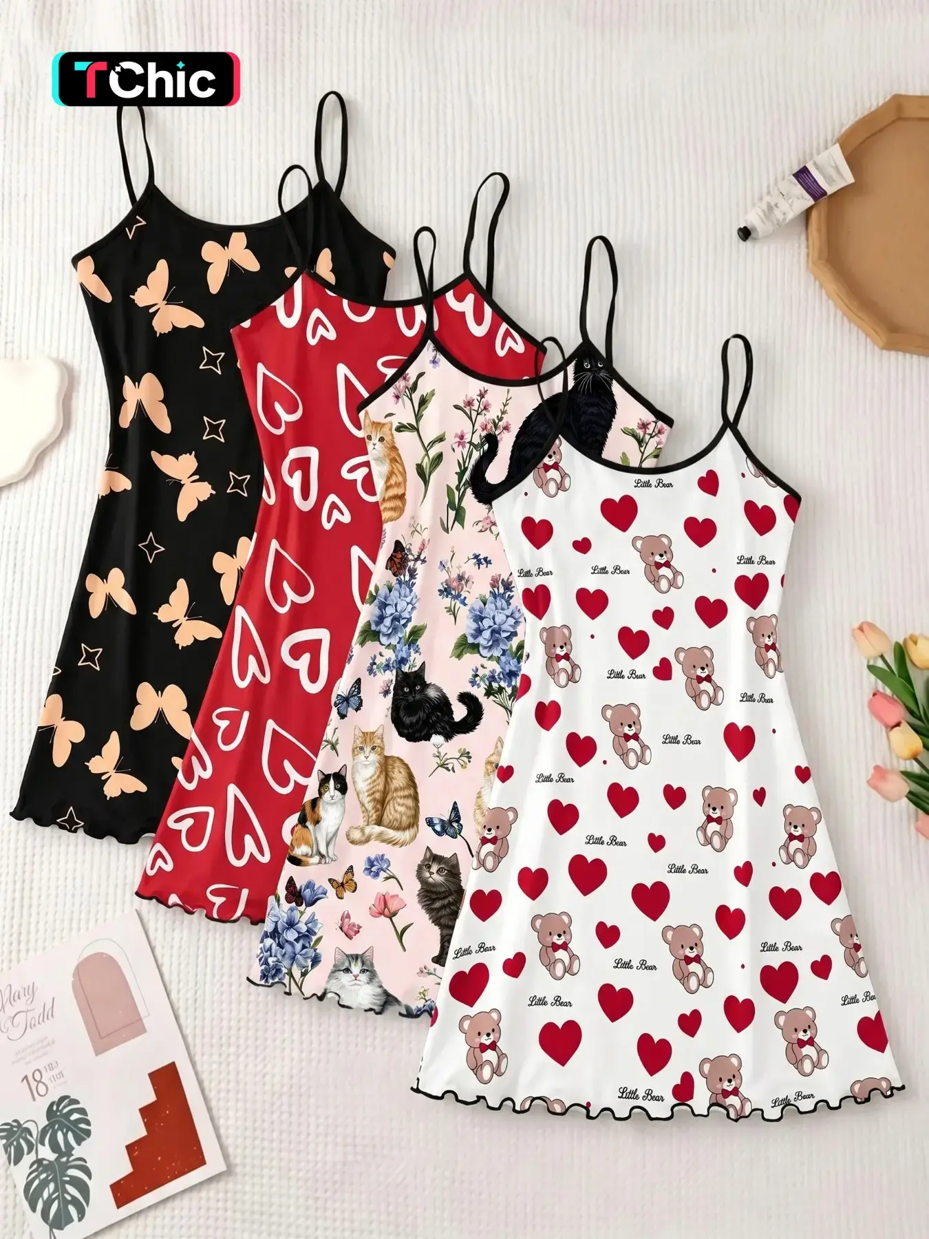 4-Pack Sleeveless Nightdresses, All-Over Print, Wave Edge Design, Breathable & Comfortable, Casual Home Wear, Sweet Cool Style, All Seasons Nightwear, Sleepwear Homewear Clothes