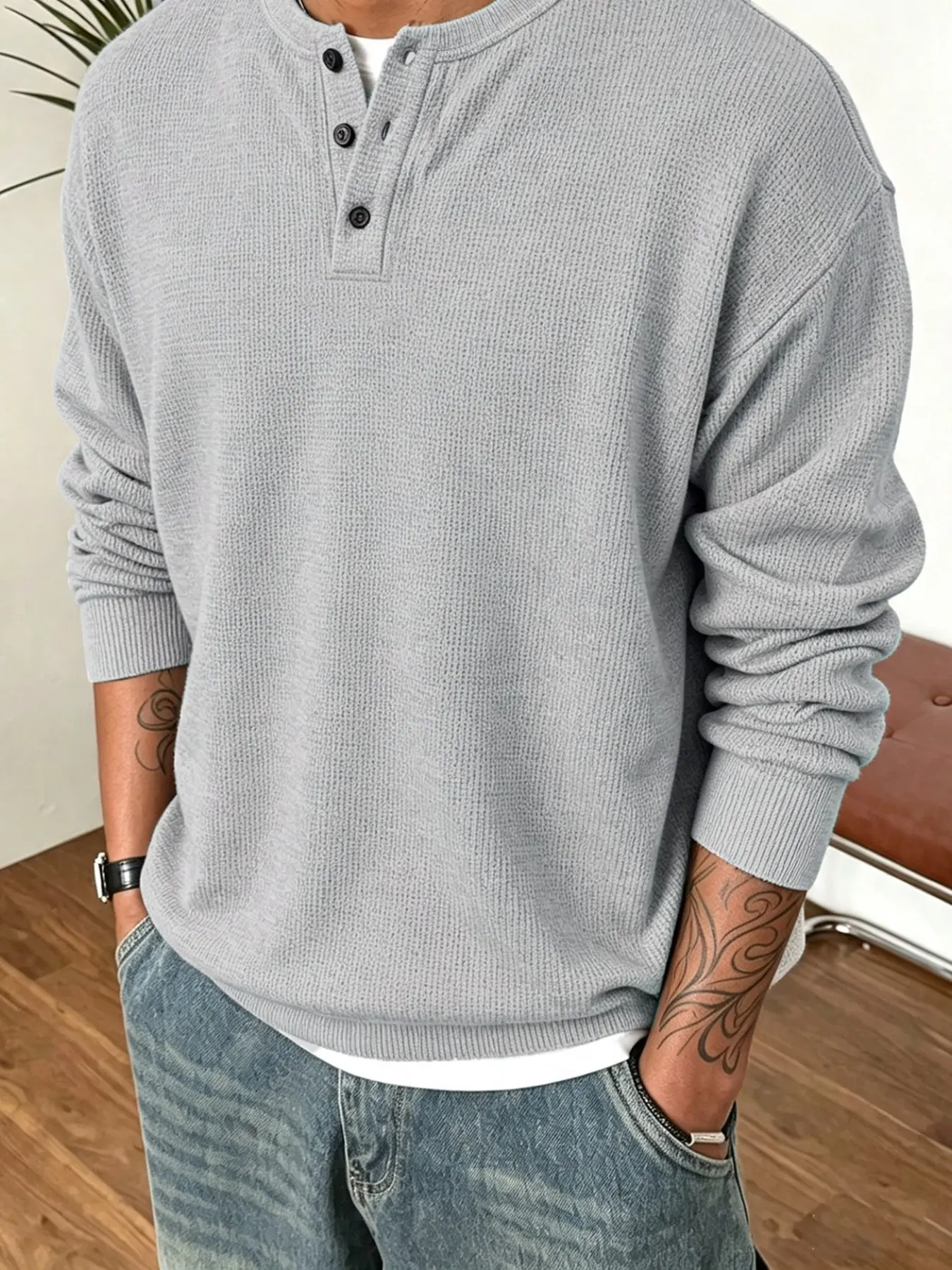 Men's Waffle Knit Henley Long Sleeve Shirt | Loose Fit, Button Placket, Soft Breathable Fabric | Casual Daily Wear, Street Outfit For Spring Autumn