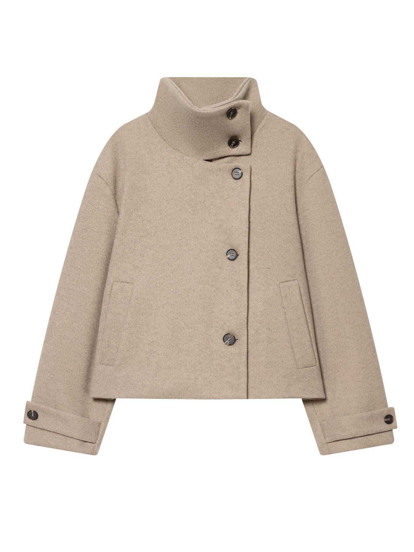 Women's Autumn Winter Stand Collar Wool Blend Jacket, Pure Color Fashion Outerwear, Asymmetrical Button Closure, Casual Lapel Long Sleeve Coat