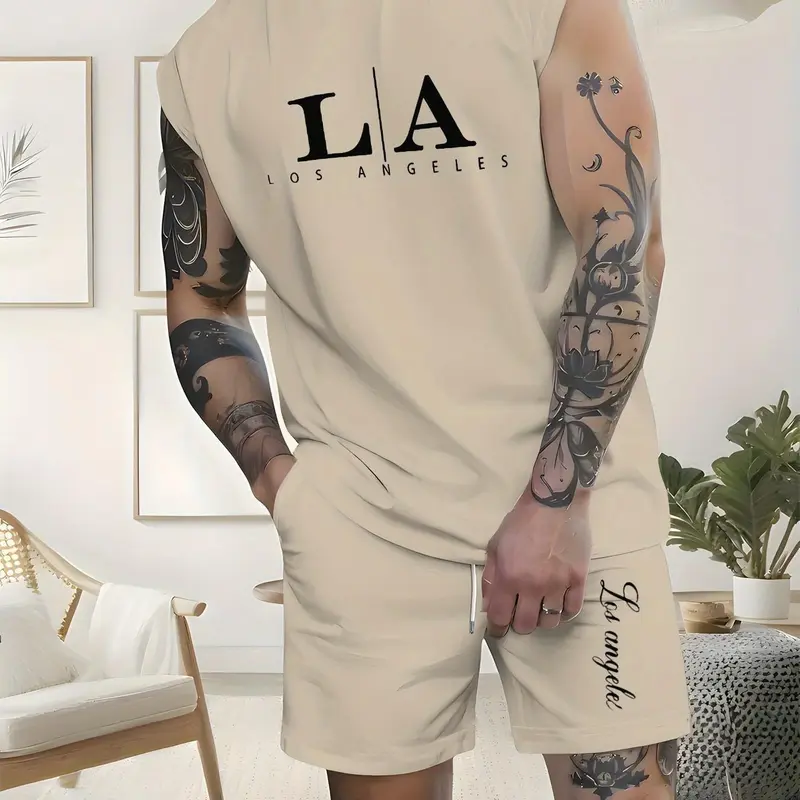 Men's 2 Piece Outfit Set, Sleeveless Tank & Shorts, Casual Summer Streetwear Matching Set, Comfortable and Stylish, Prints